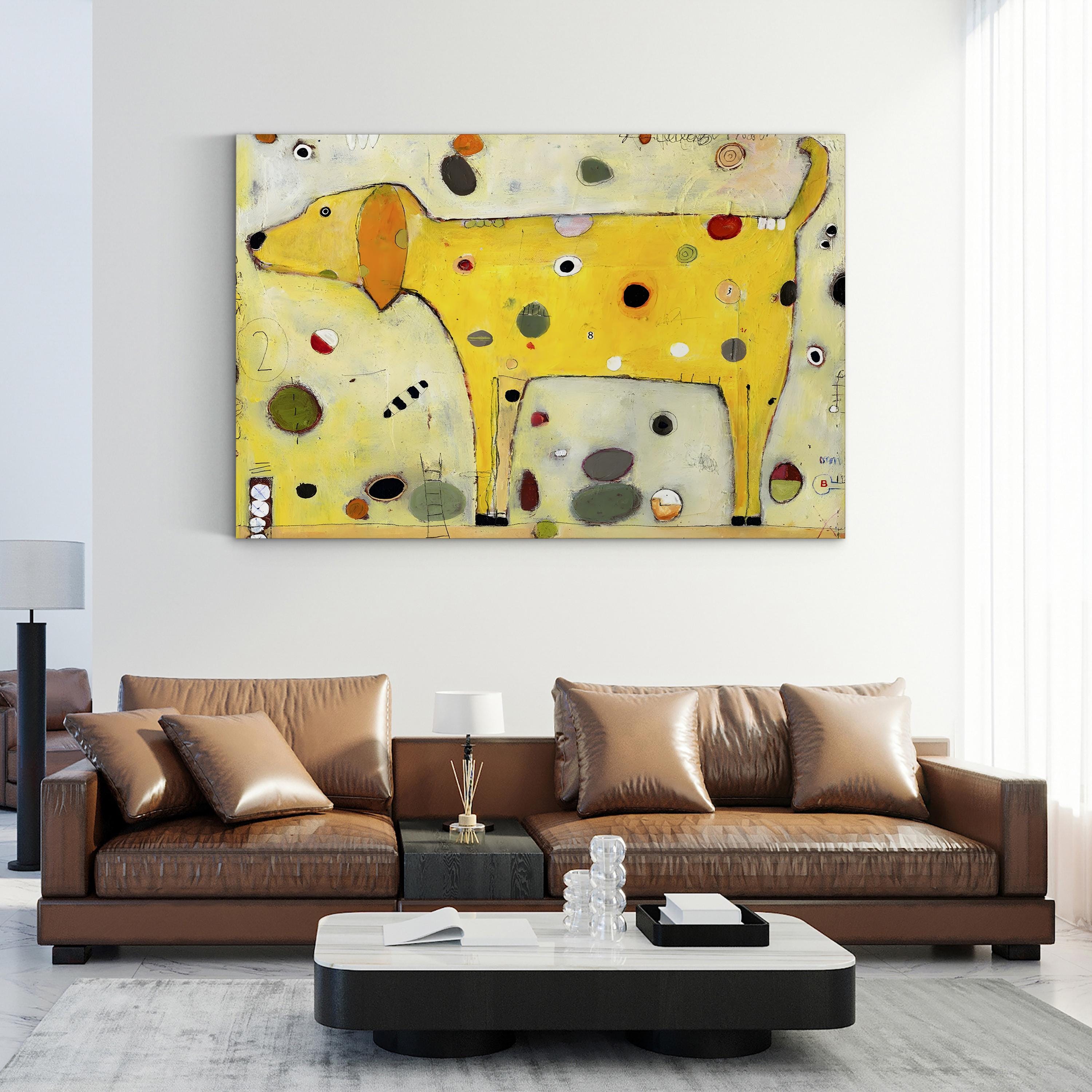 Yellow Wall Art – Playful Contemporary Dog Artwork by Jill Mayberg