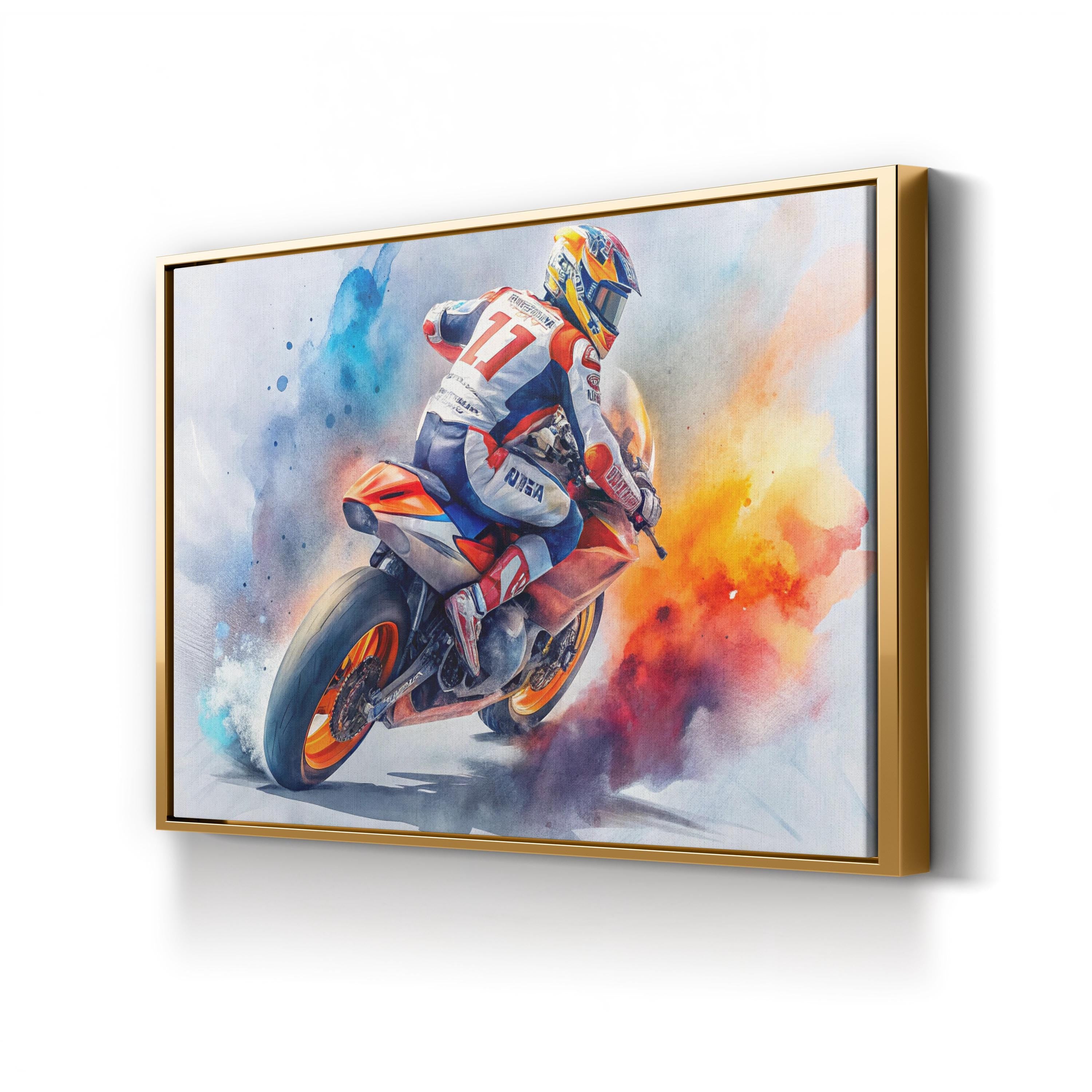 Motorcycle Racing Watercolor – Period Illustration Wall Art | Action Sports Canvas Print
