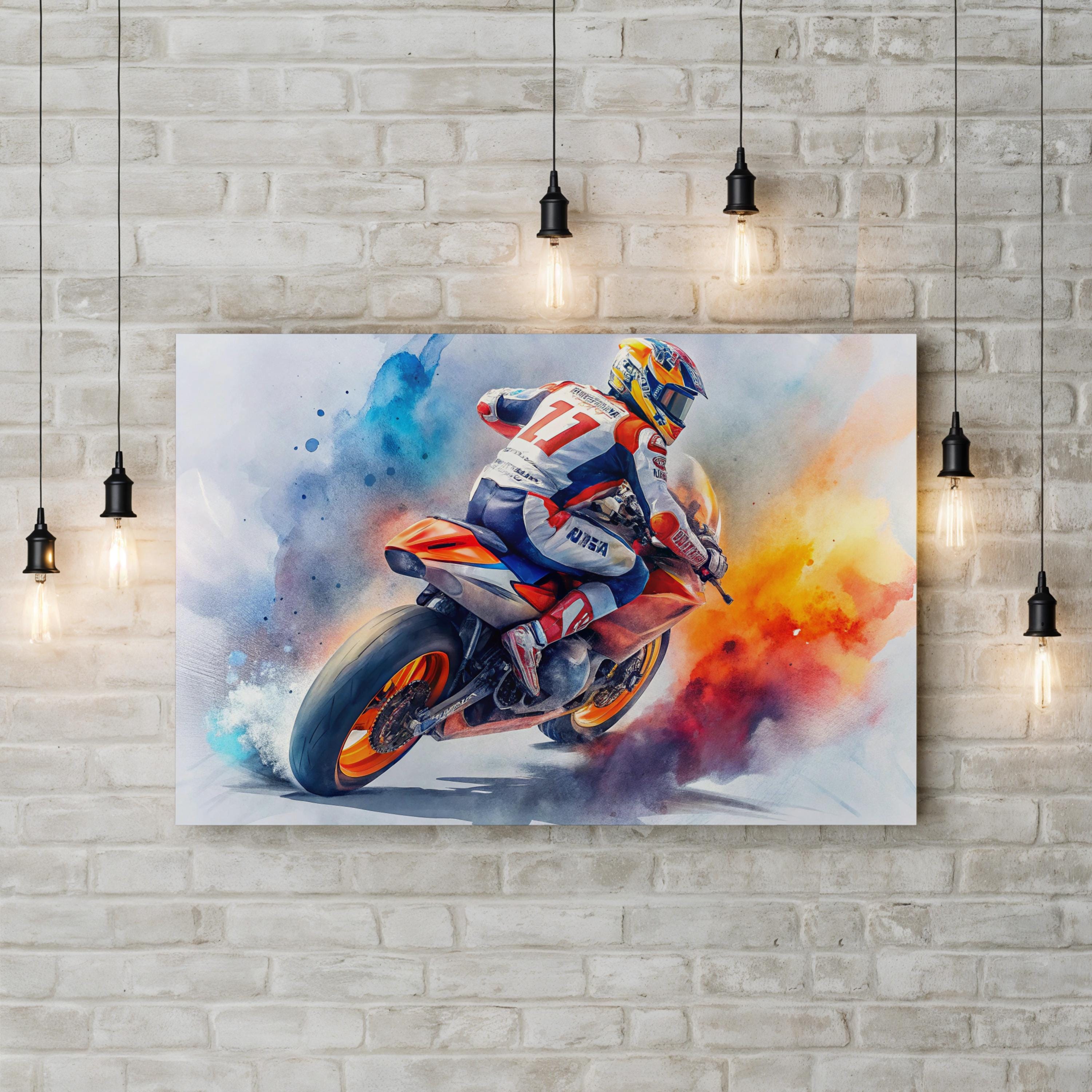 Motorcycle Racing Watercolor – Period Illustration Wall Art | Action Sports Canvas Print