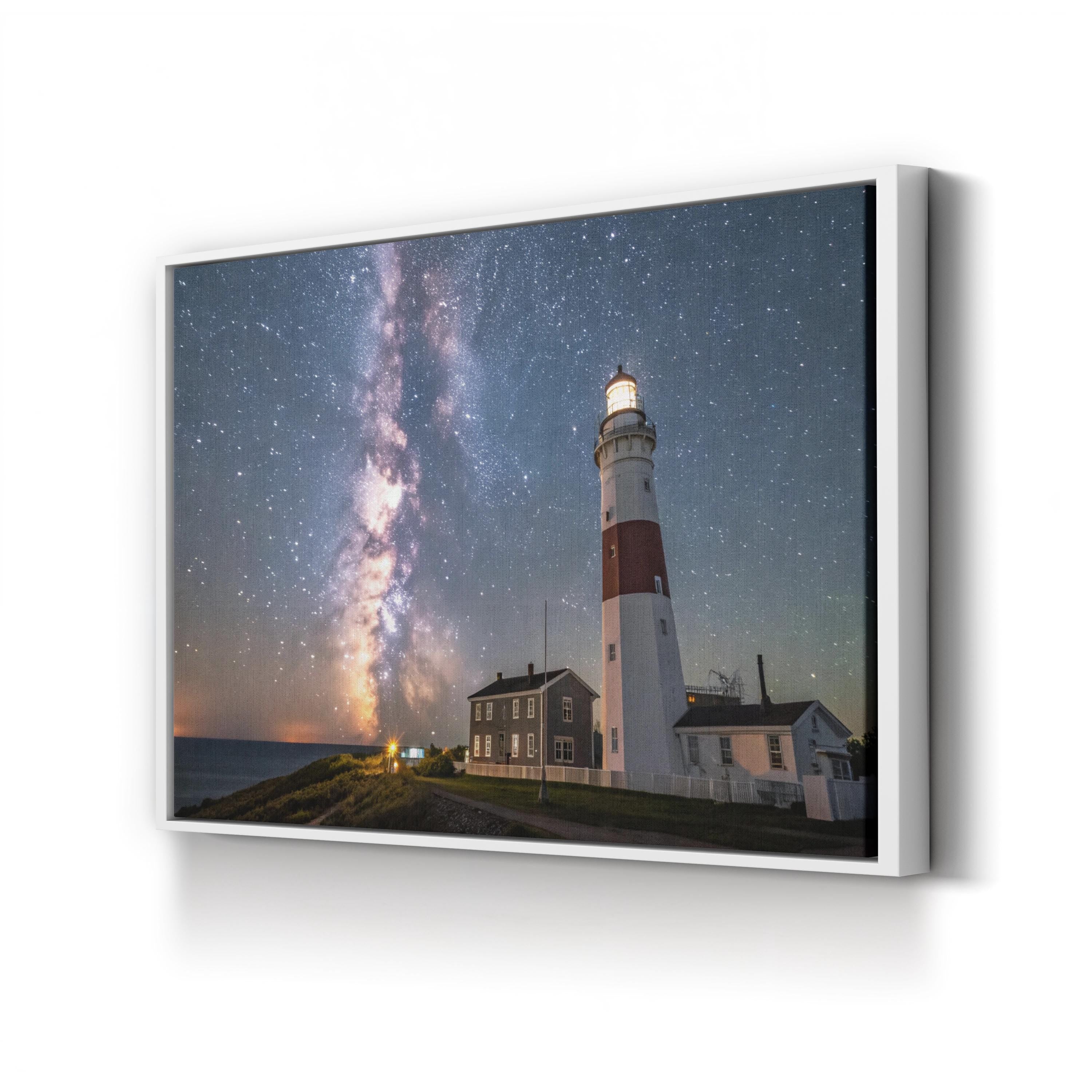 Lighted Lighthouse Galaxy Sky – Vintage Photography Wall Art | Cosmic Canvas Print