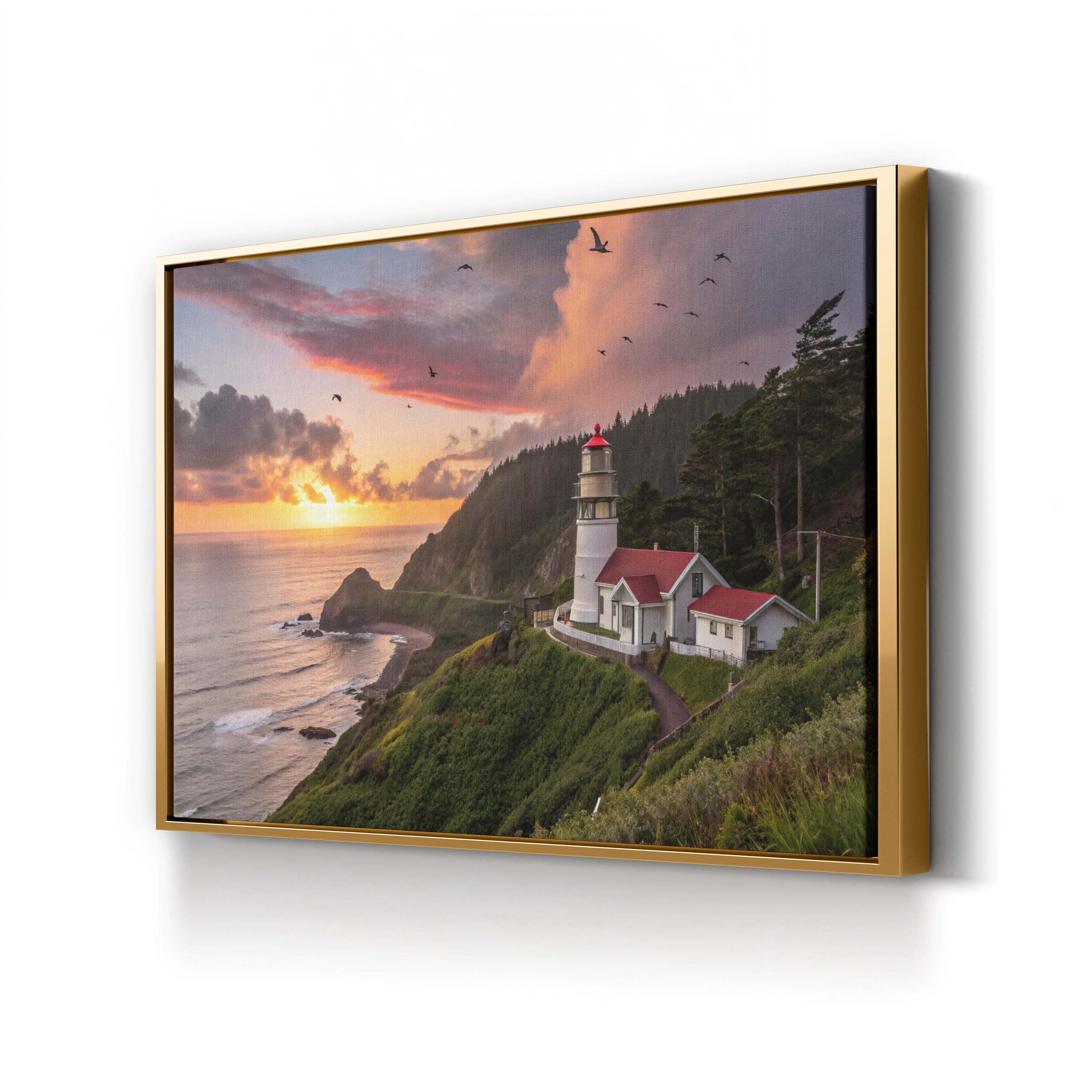 Oregon Coast Lighthouse Sunset – Vintage Photography Wall Art | Coastal Canvas Print