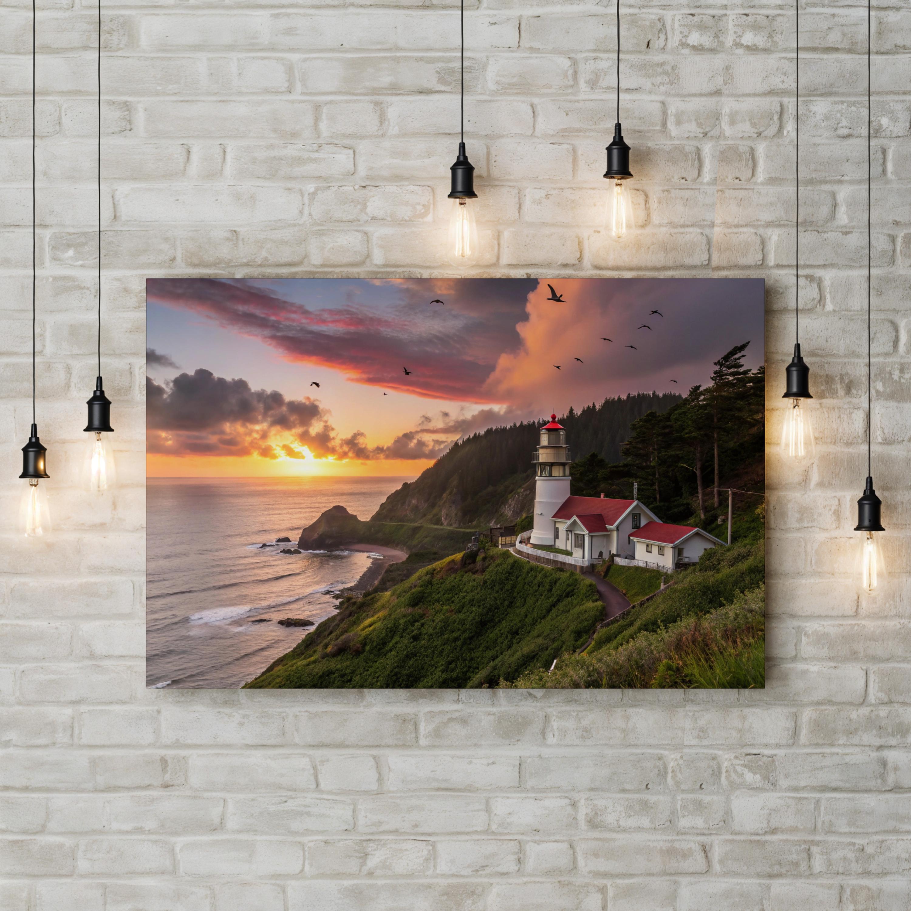 Oregon Coast Lighthouse Sunset – Vintage Photography Wall Art | Coastal Canvas Print