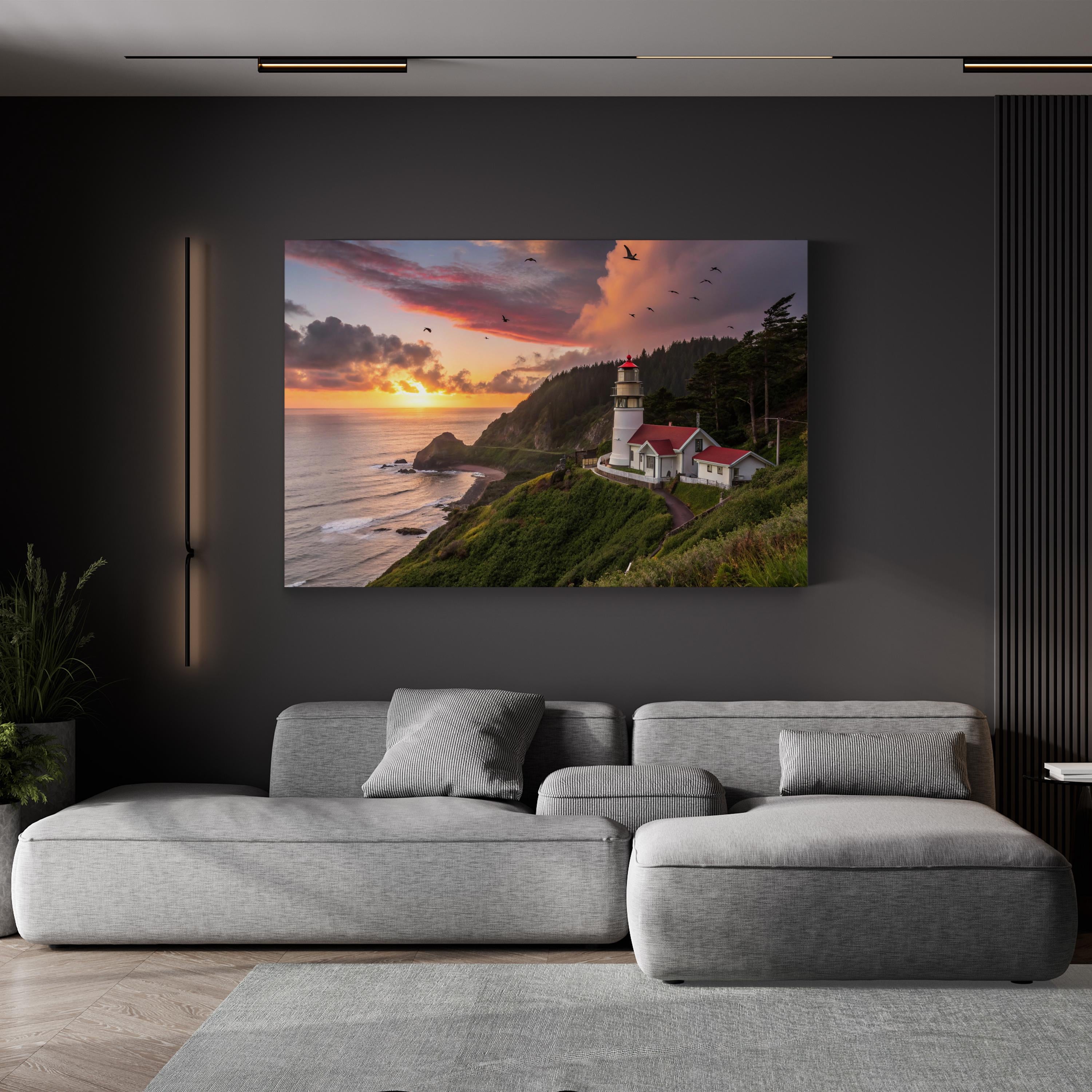 Oregon Coast Lighthouse Sunset – Vintage Photography Wall Art | Coastal Canvas Print