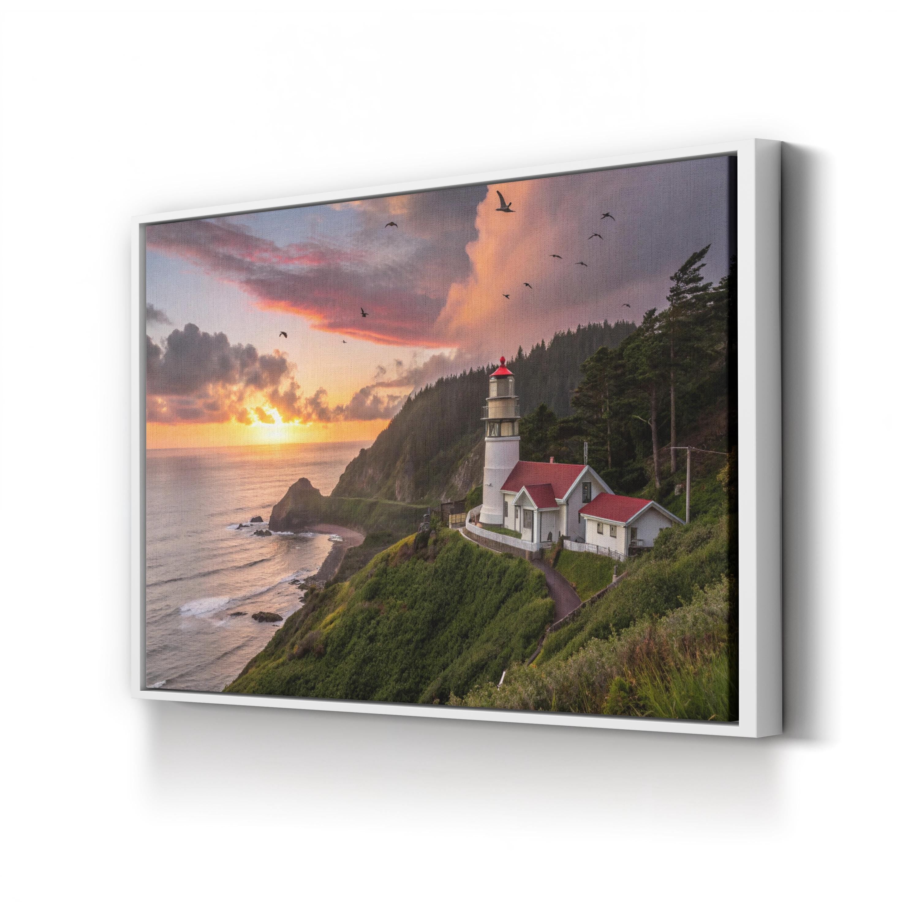 Oregon Coast Lighthouse Sunset – Vintage Photography Wall Art | Coastal Canvas Print