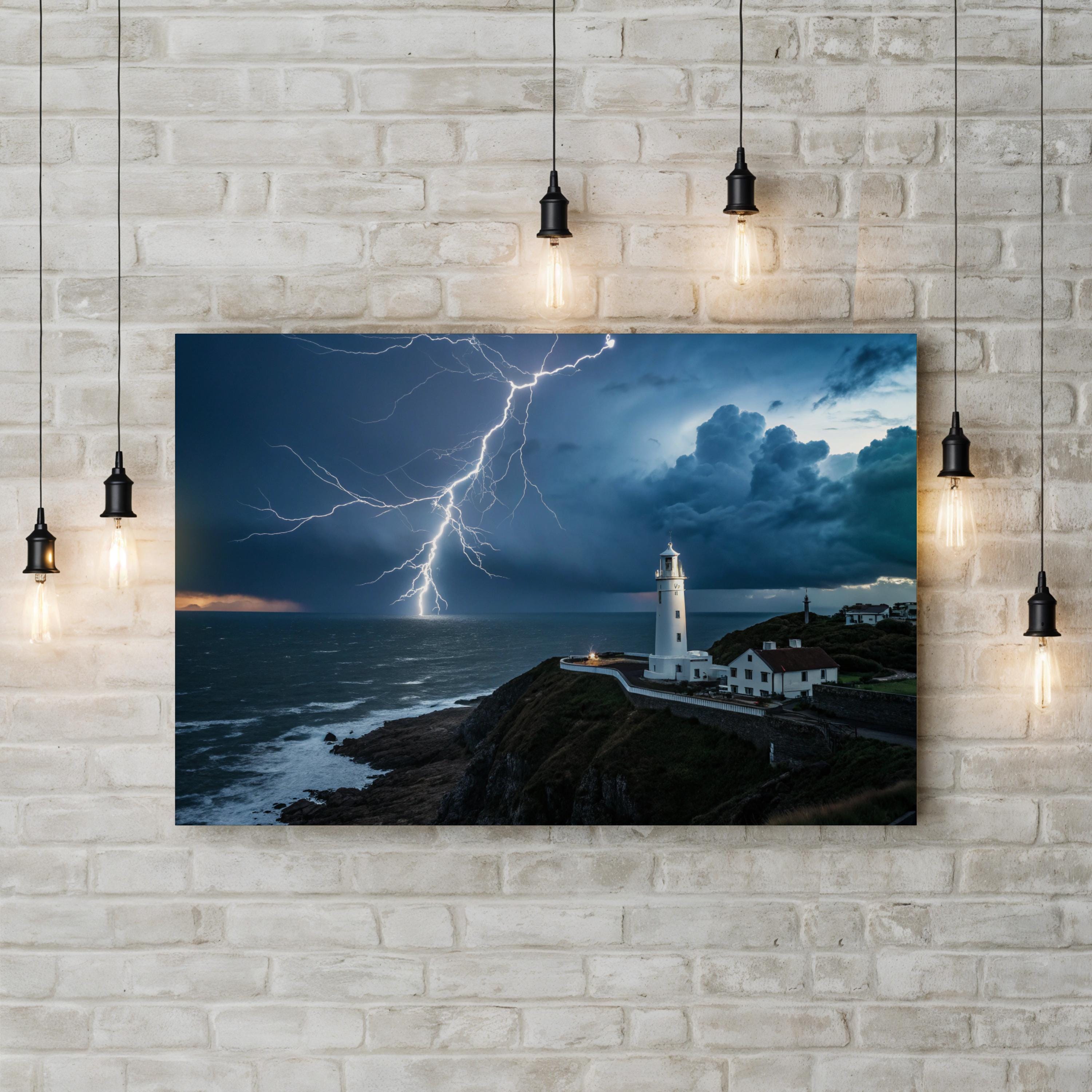Framed Lighthouse Coastal Storm – Vintage Photography Wall Art | Nautical Canvas Print