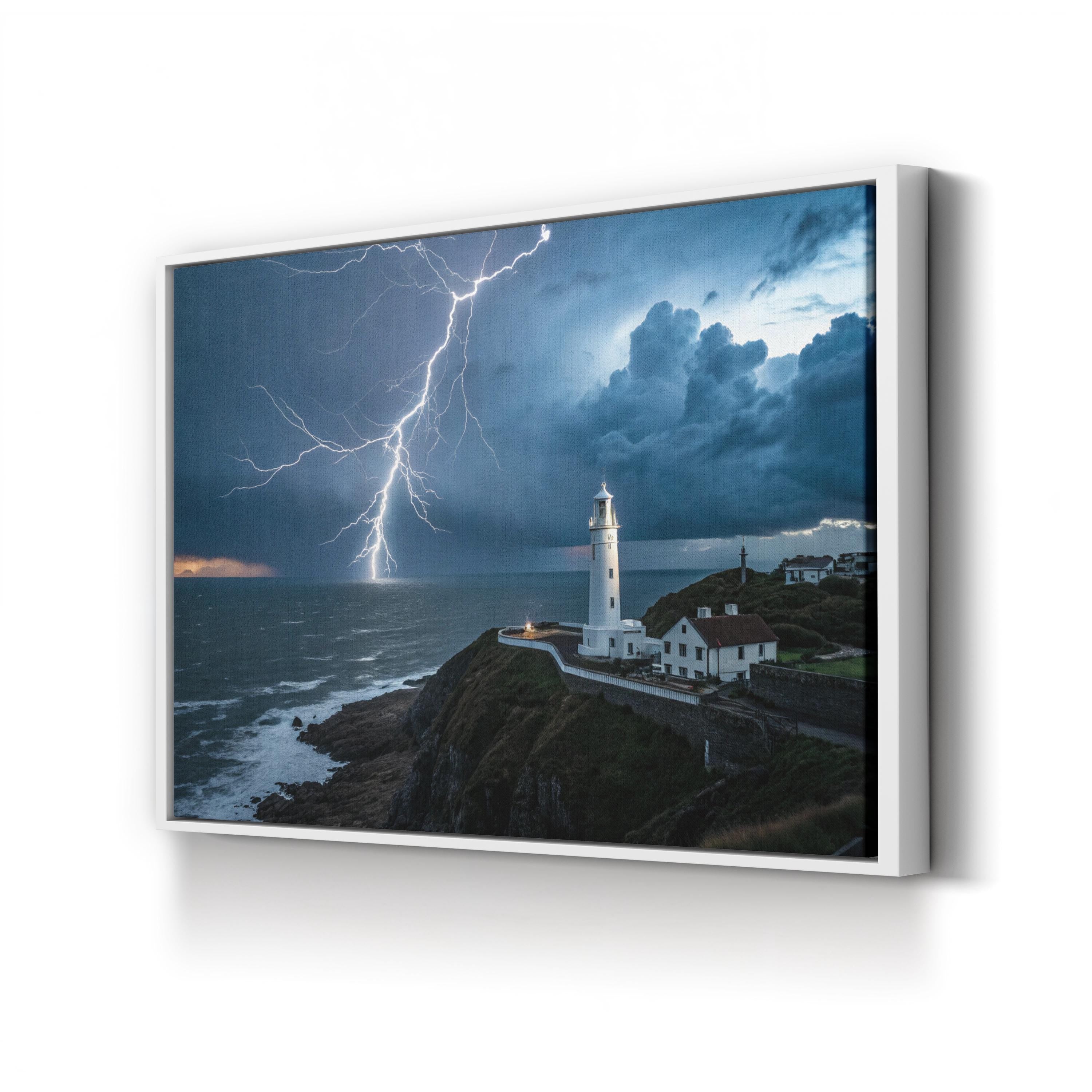 Framed Lighthouse Coastal Storm – Vintage Photography Wall Art | Nautical Canvas Print
