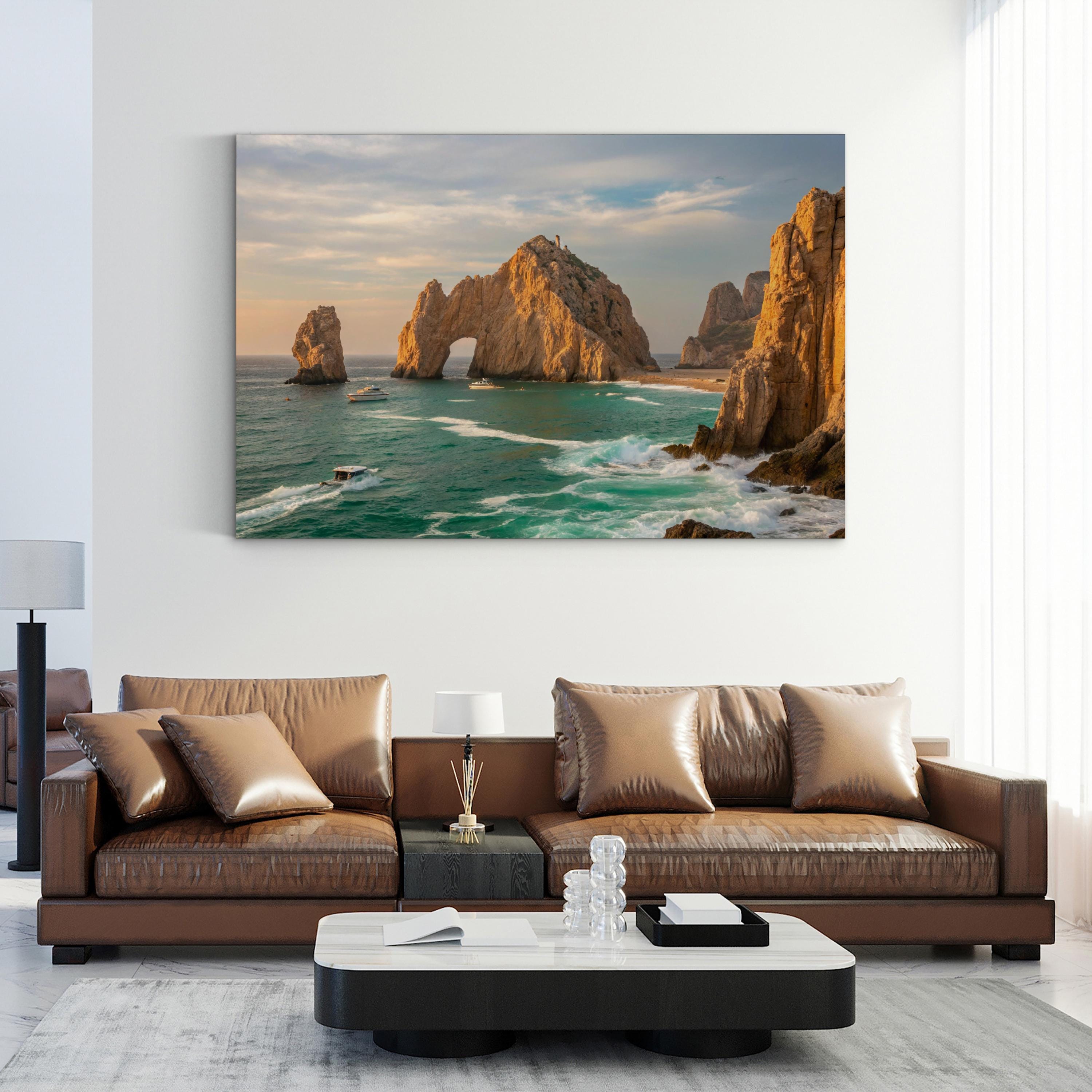 Beach Sunset Canvas Wall Art — Coastal Rock Formation Ocean Landscape Print