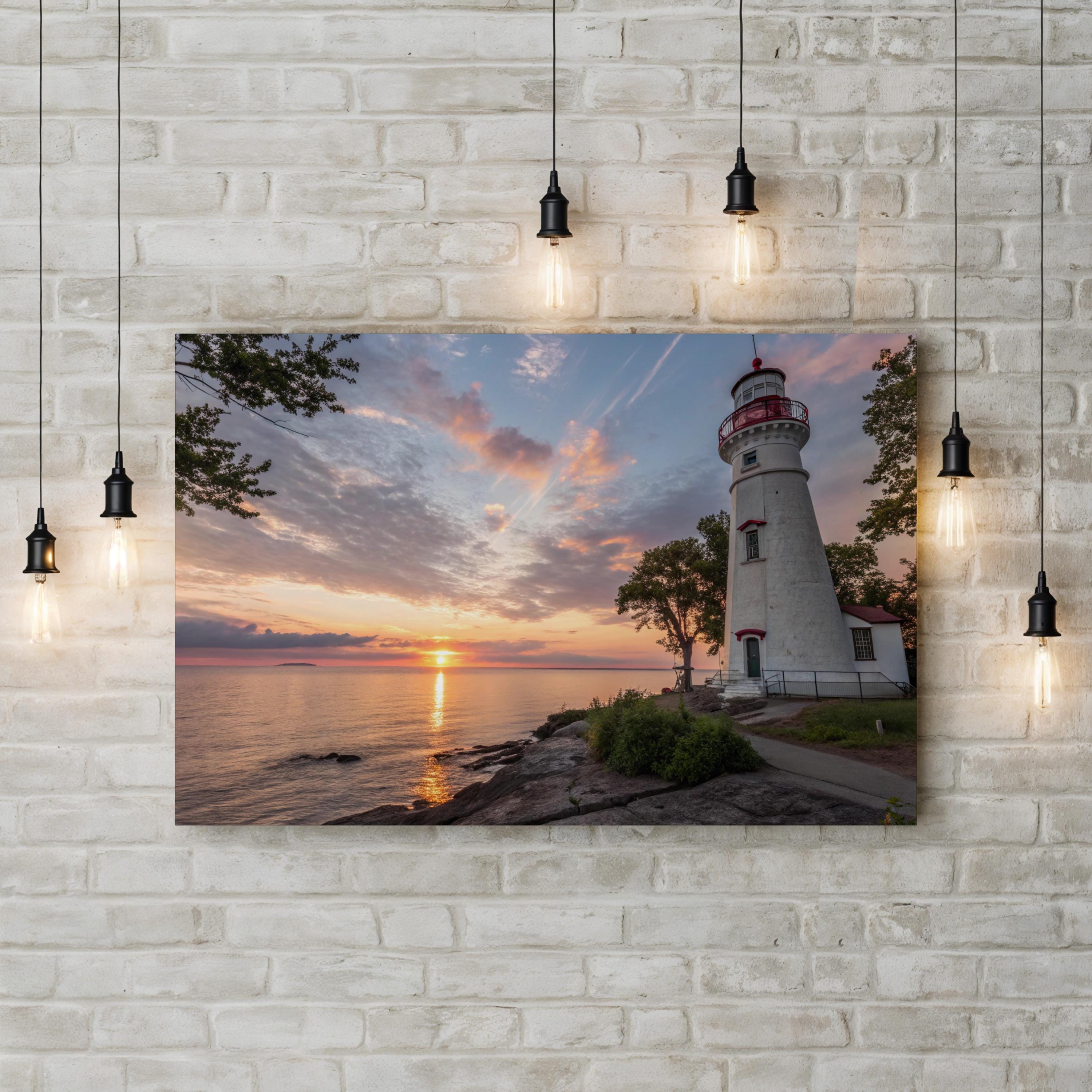 Marblehead Lighthouse Canvas Wall Art:  Marblehead Ohio Sunset Coastal Landscape Print
