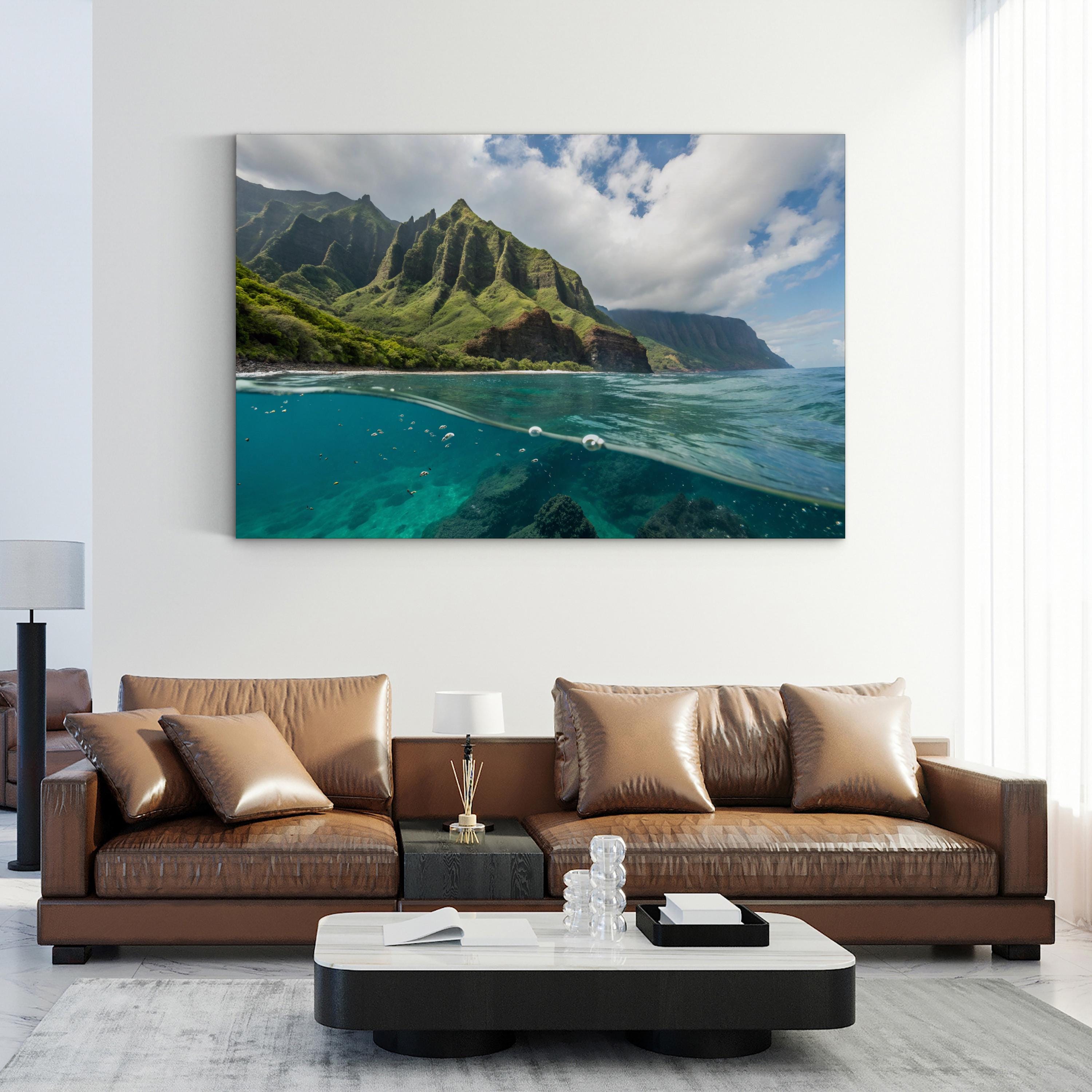 Maui Coastal Canvas Wall Art:  Maui Hawaii Tropical Ocean & Mountain Landscape Print