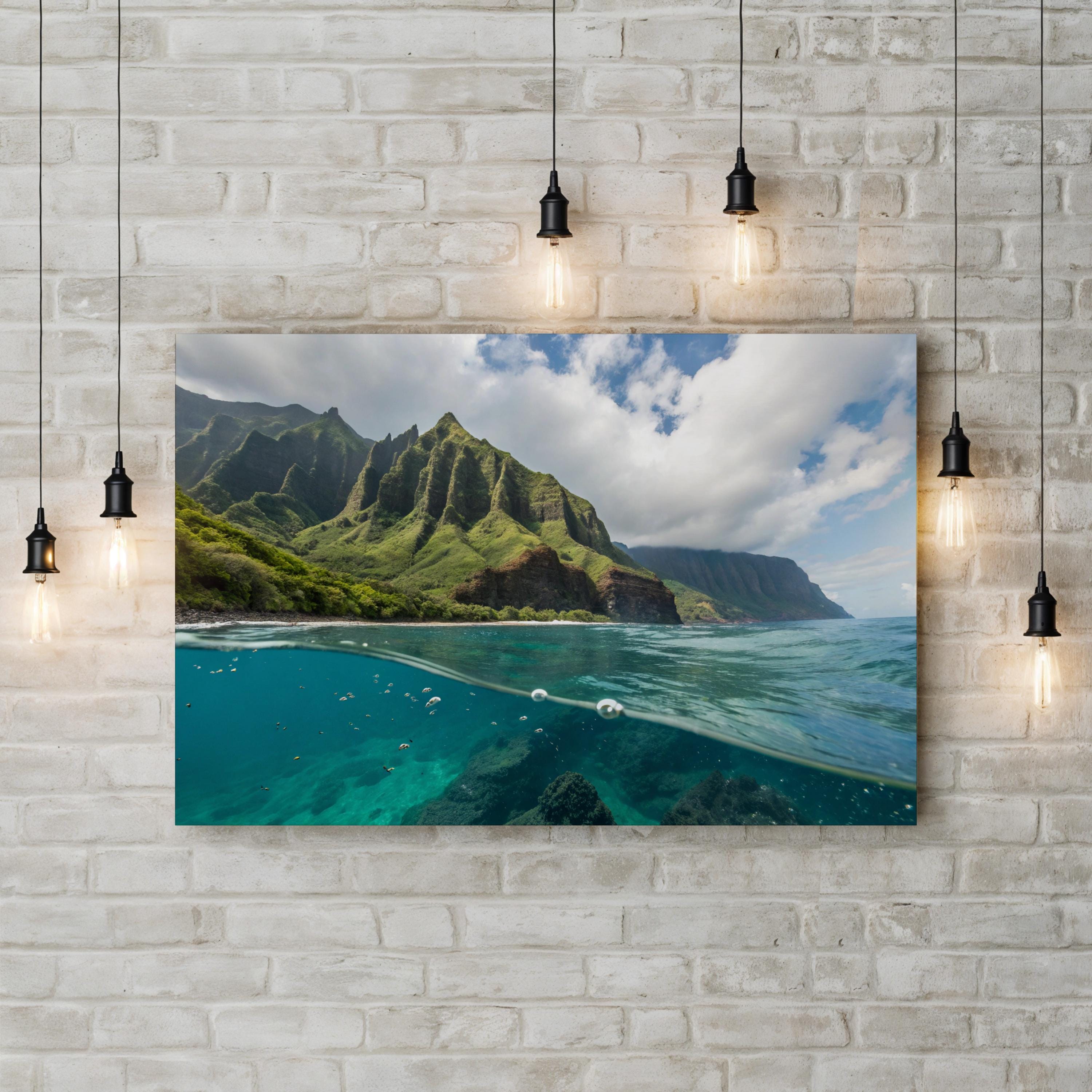Maui Coastal Canvas Wall Art:  Maui Hawaii Tropical Ocean & Mountain Landscape Print