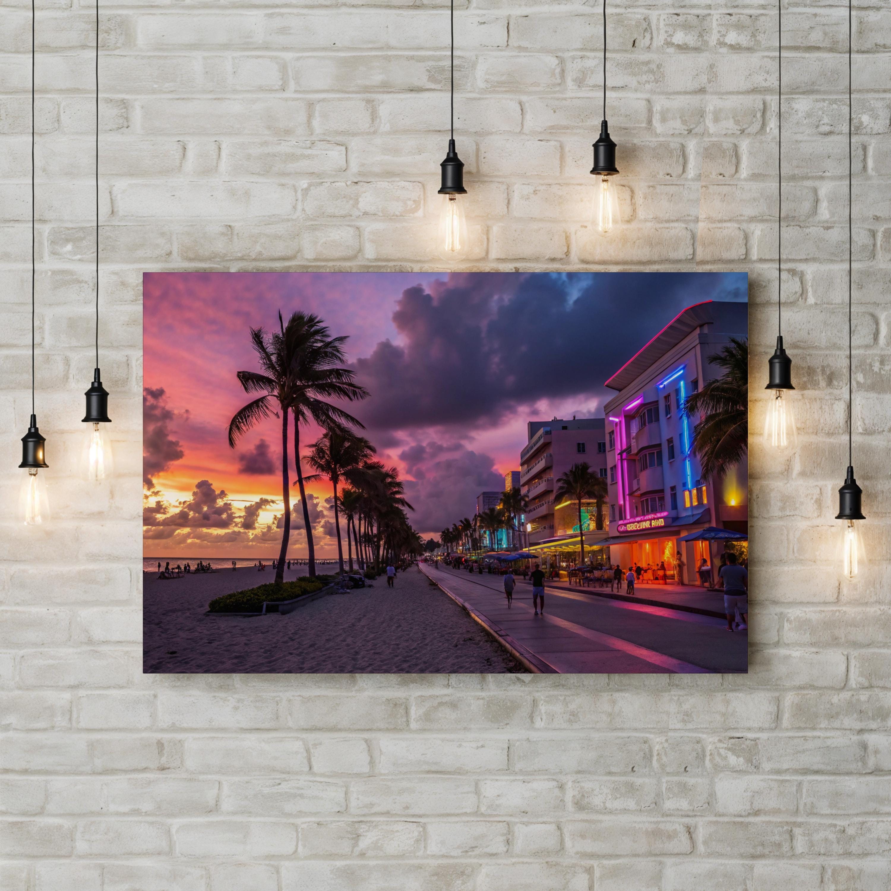 Miami Beach Ocean Drive Sunset – Vintage Photography Wall Art | Art Deco Coastal Canvas Print