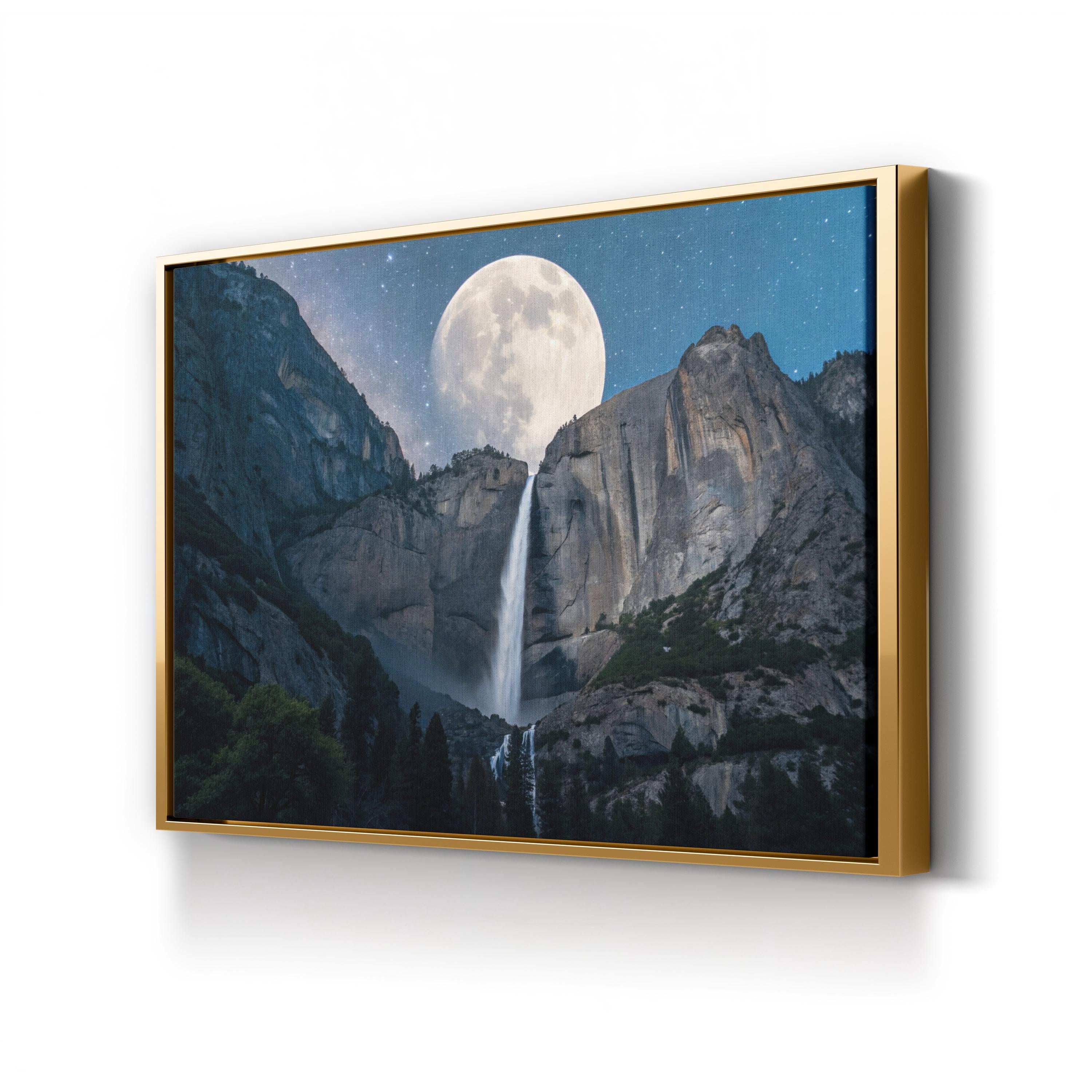 Moonfall Waterfall Night – Vintage Photography Wall Art | Full Moon Canvas Print