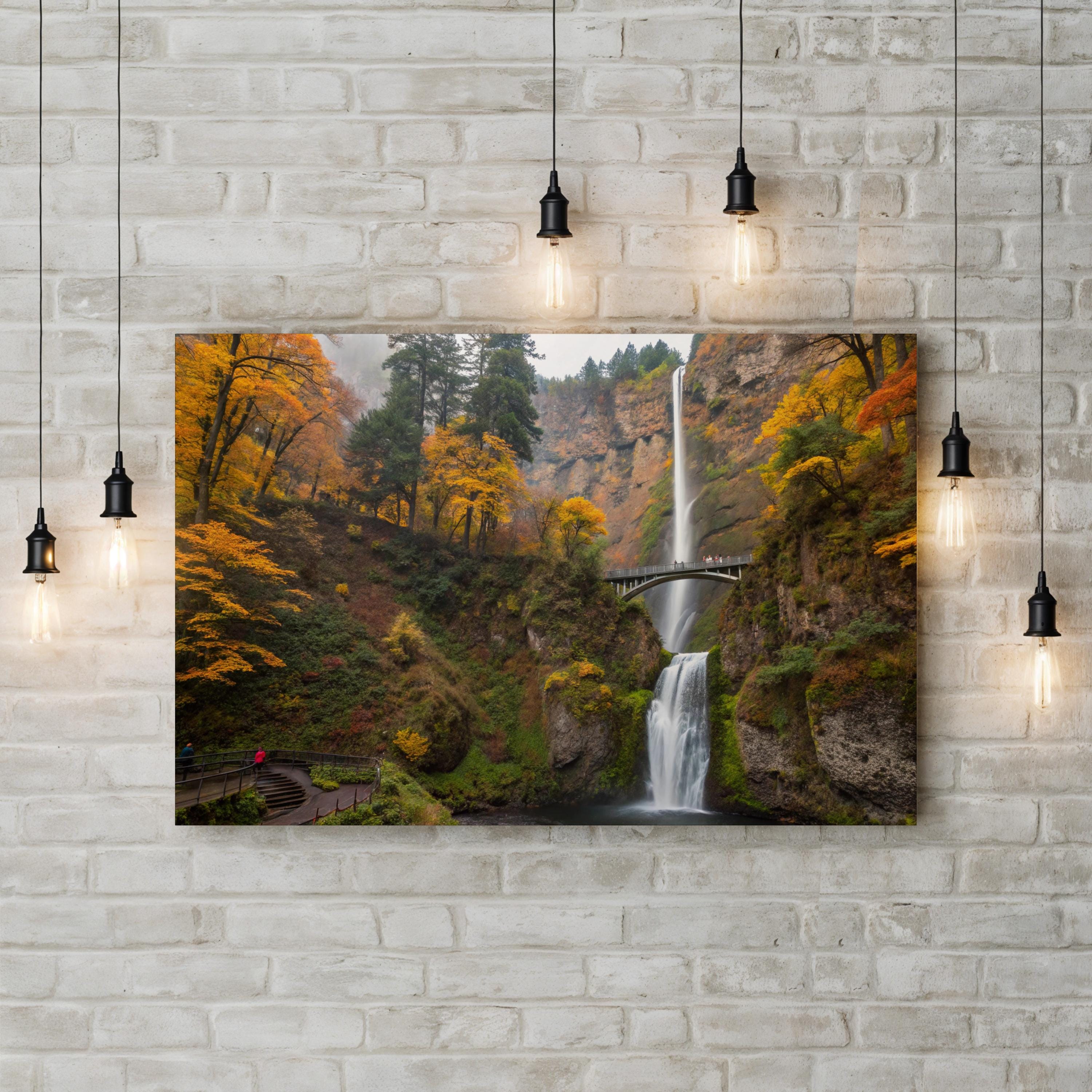 Multnomah Falls Autumn, Oregon – Vintage Photography Wall Art | Waterfall Canvas Print