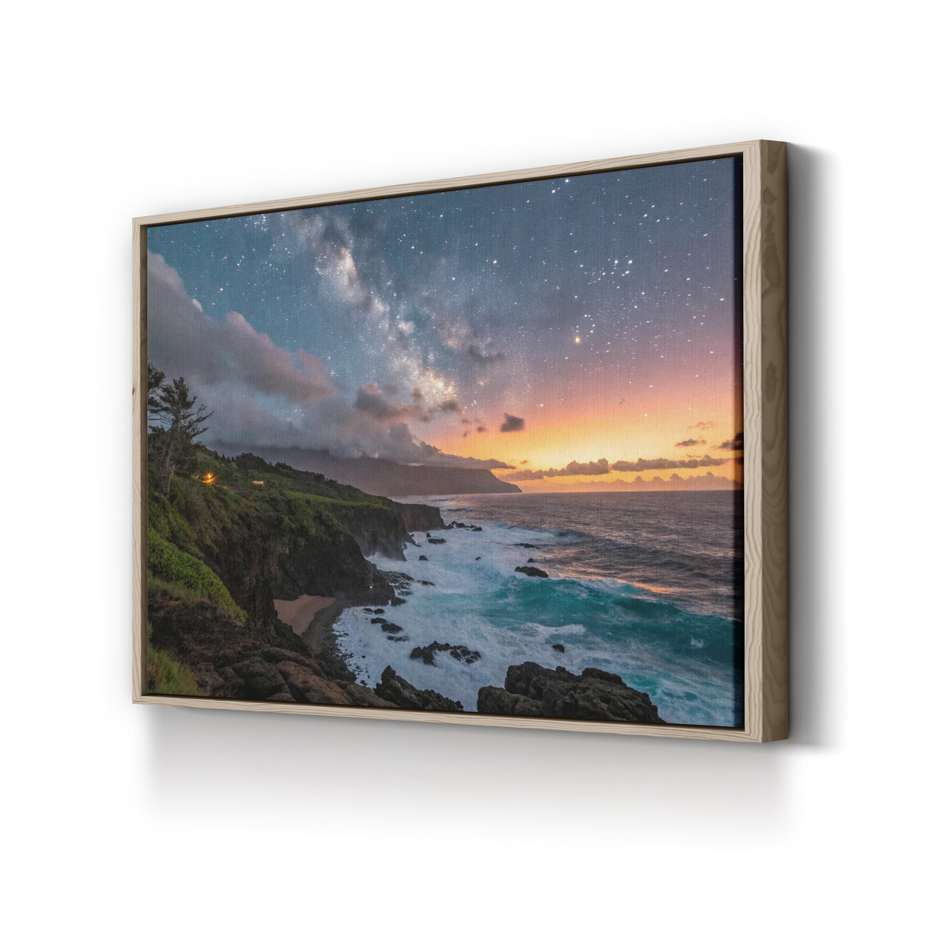 Framed Ocean & Starry Sky – Vintage Photography Wall Art | Coastal Landscape Canvas Print