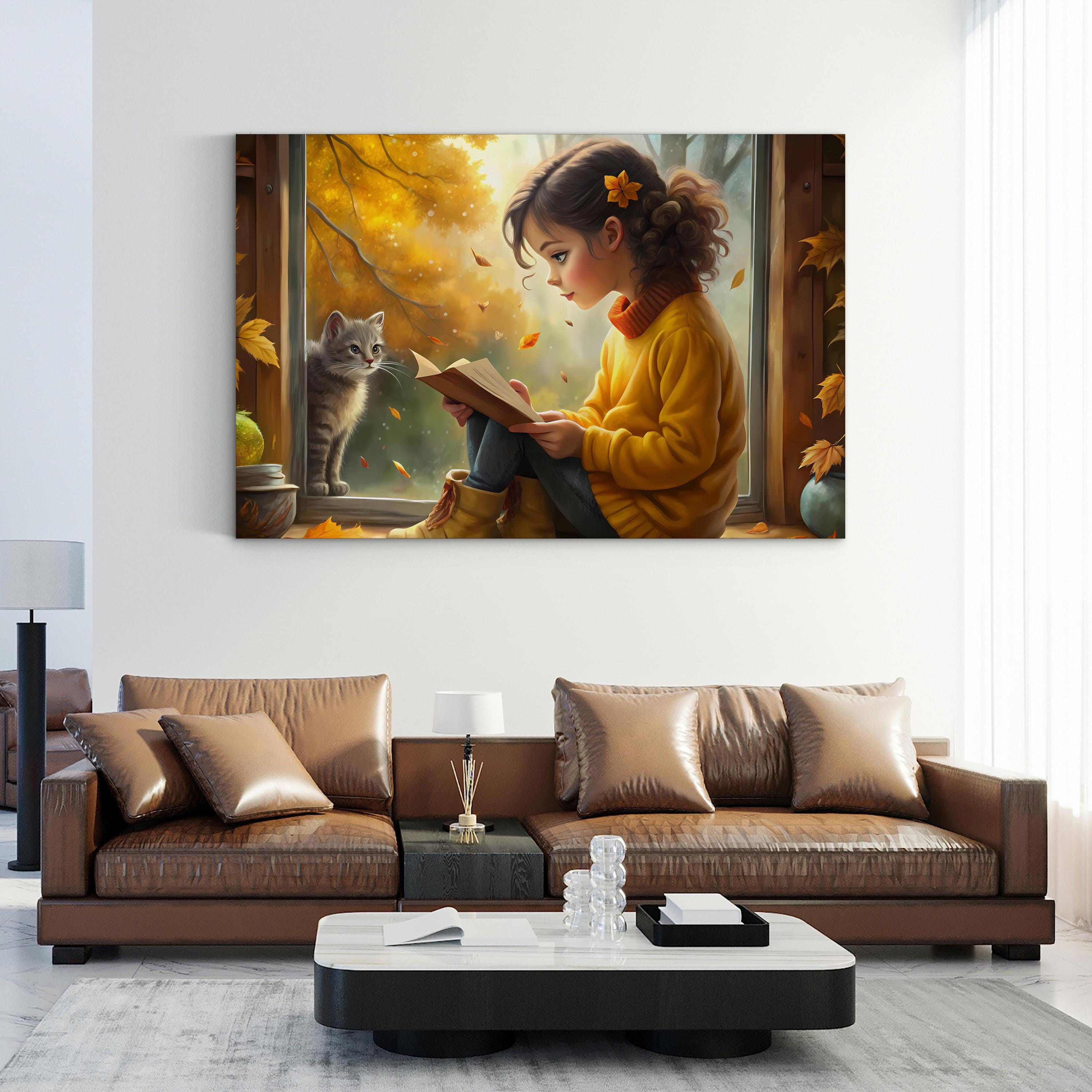 Autumn Reading Girl with Cat – Period Illustration Wall Art | Cozy Fall Canvas Print