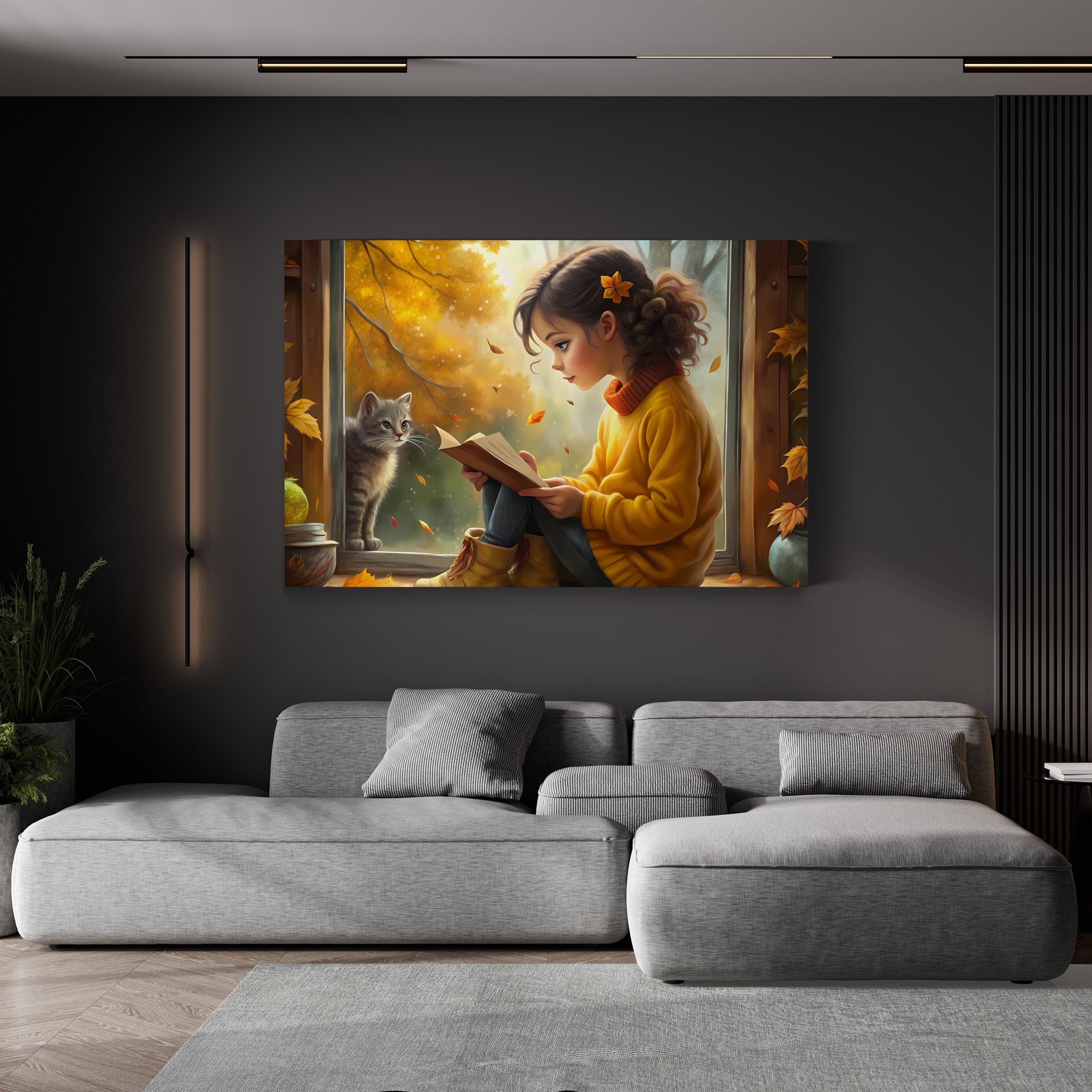 Autumn Reading Girl with Cat – Period Illustration Wall Art | Cozy Fall Canvas Print