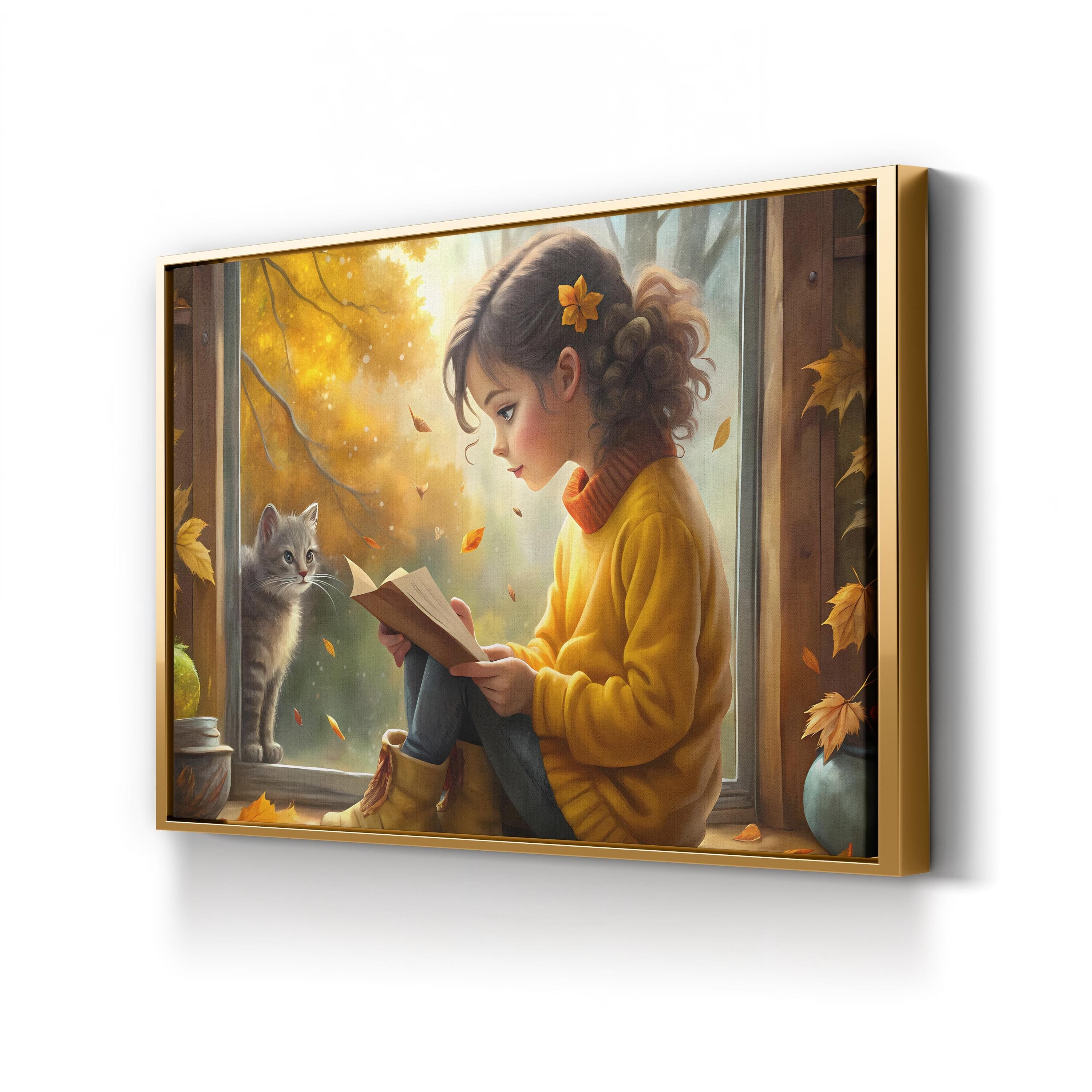 Autumn Reading Girl with Cat – Period Illustration Wall Art | Cozy Fall Canvas Print