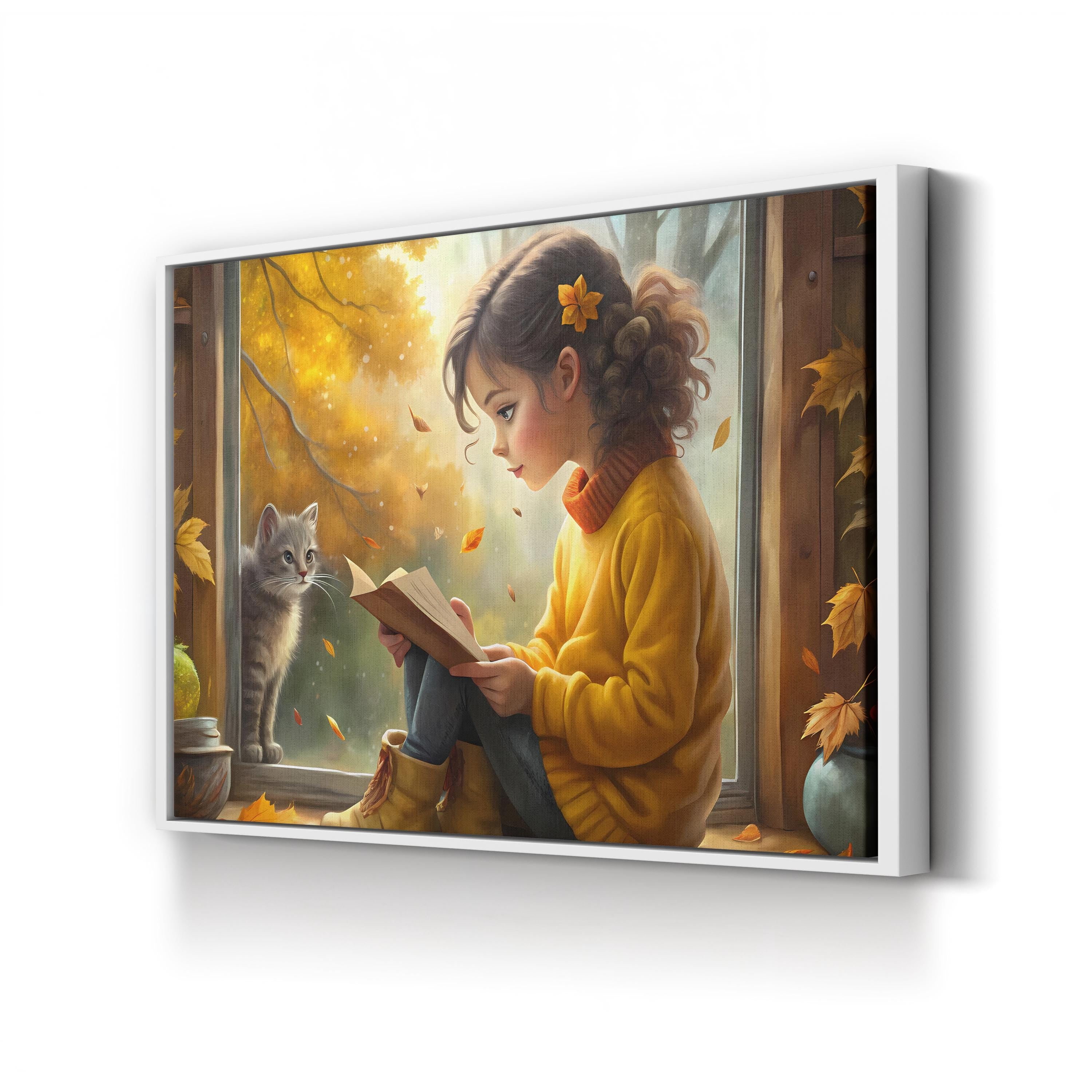 Autumn Reading Girl with Cat – Period Illustration Wall Art | Cozy Fall Canvas Print