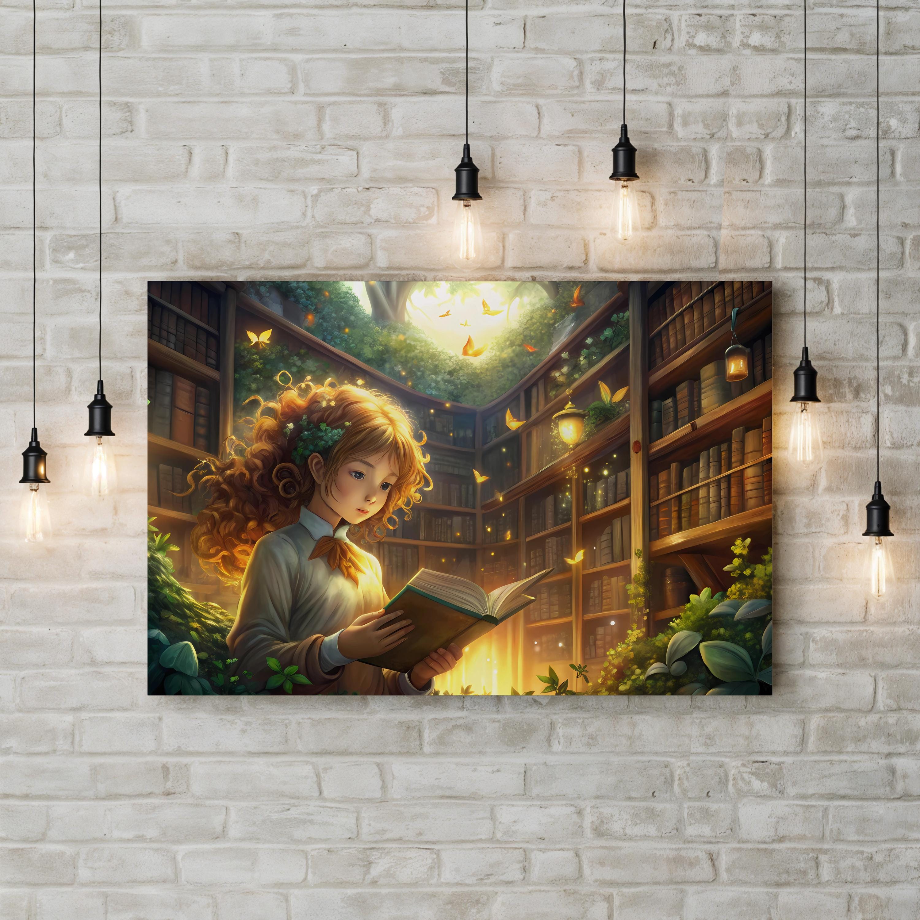 Magical Girl Library – Period Illustration Wall Art | Whimsical Fantasy Canvas Print