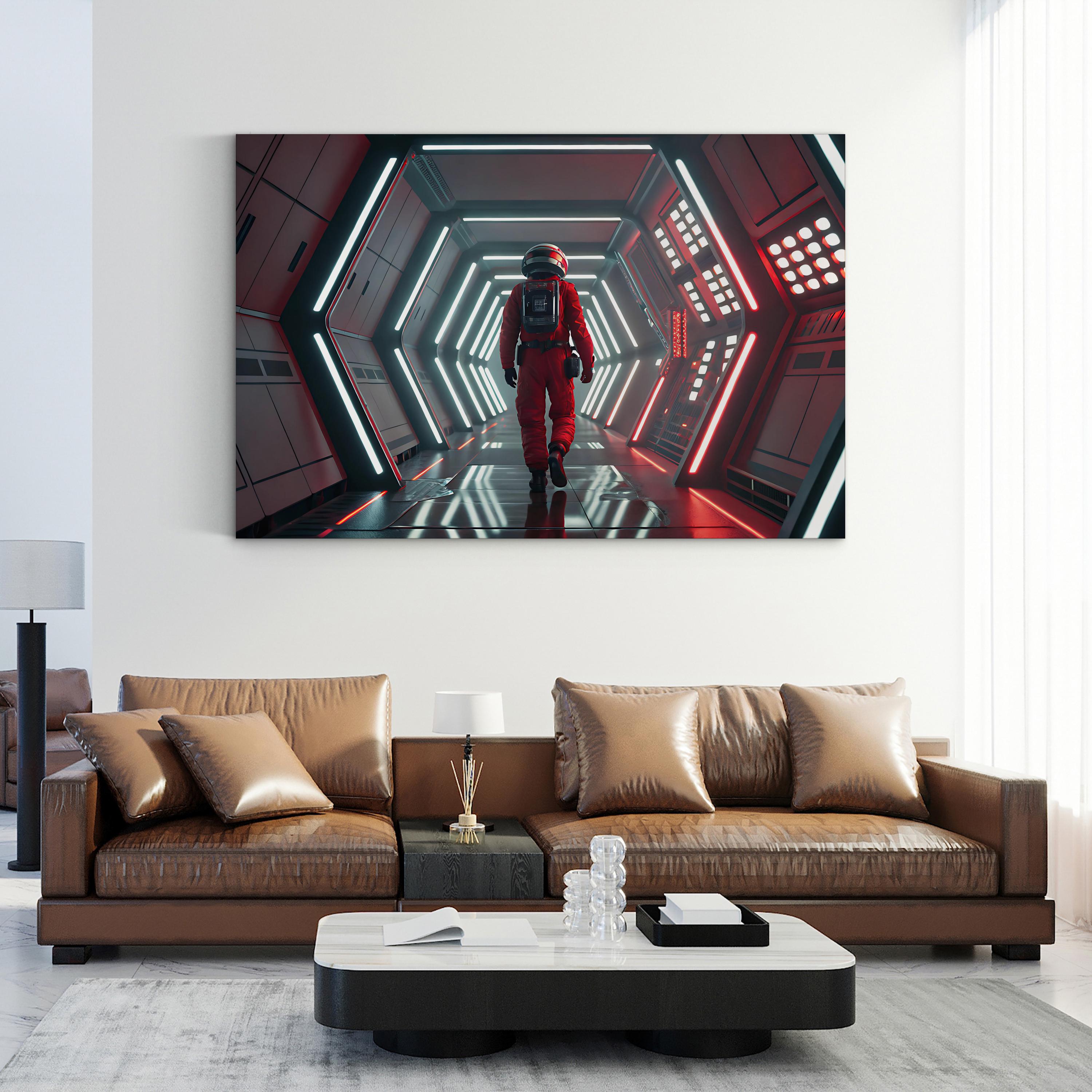 Sci-Fi Astronaut Corridor – Period Illustration Wall Art | Futuristic Space Canvas Print