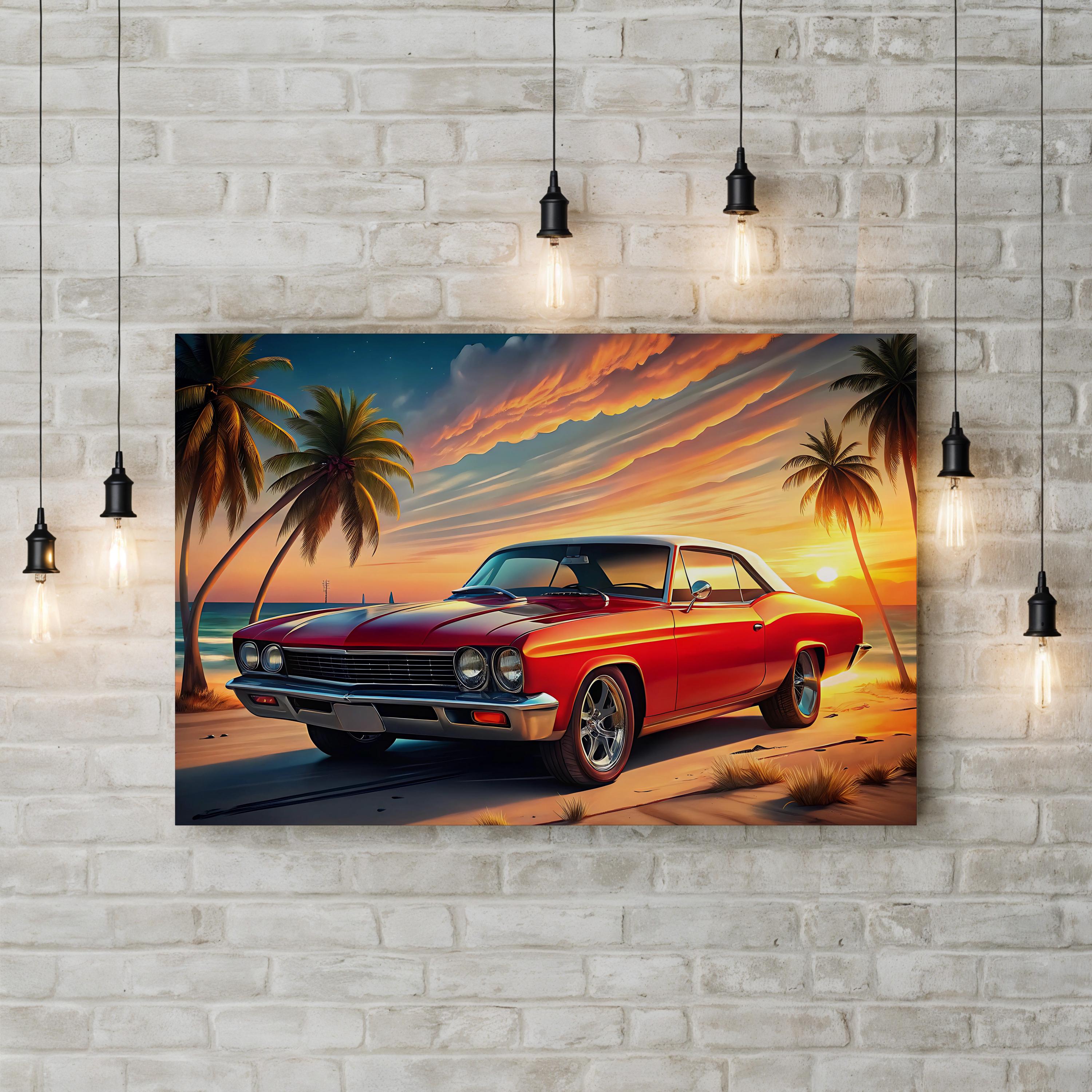 Retro Red Car Coastal – Period Illustration Wall Art | Vintage Automotive Canvas Print