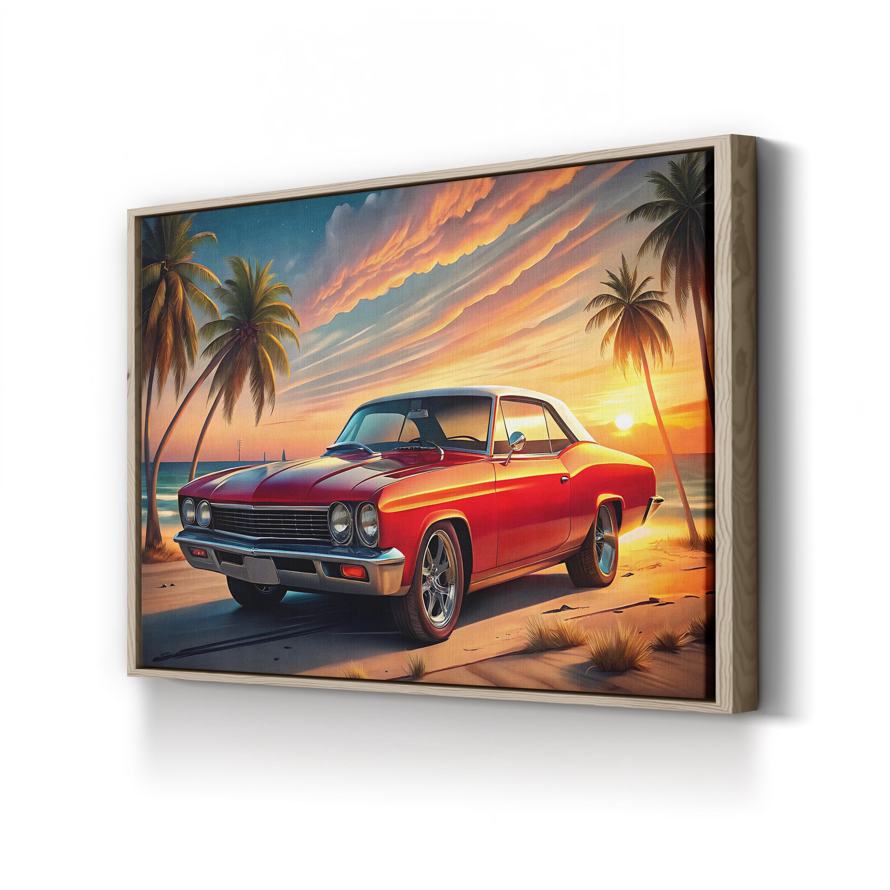 Retro Red Car Coastal – Period Illustration Wall Art | Vintage Automotive Canvas Print