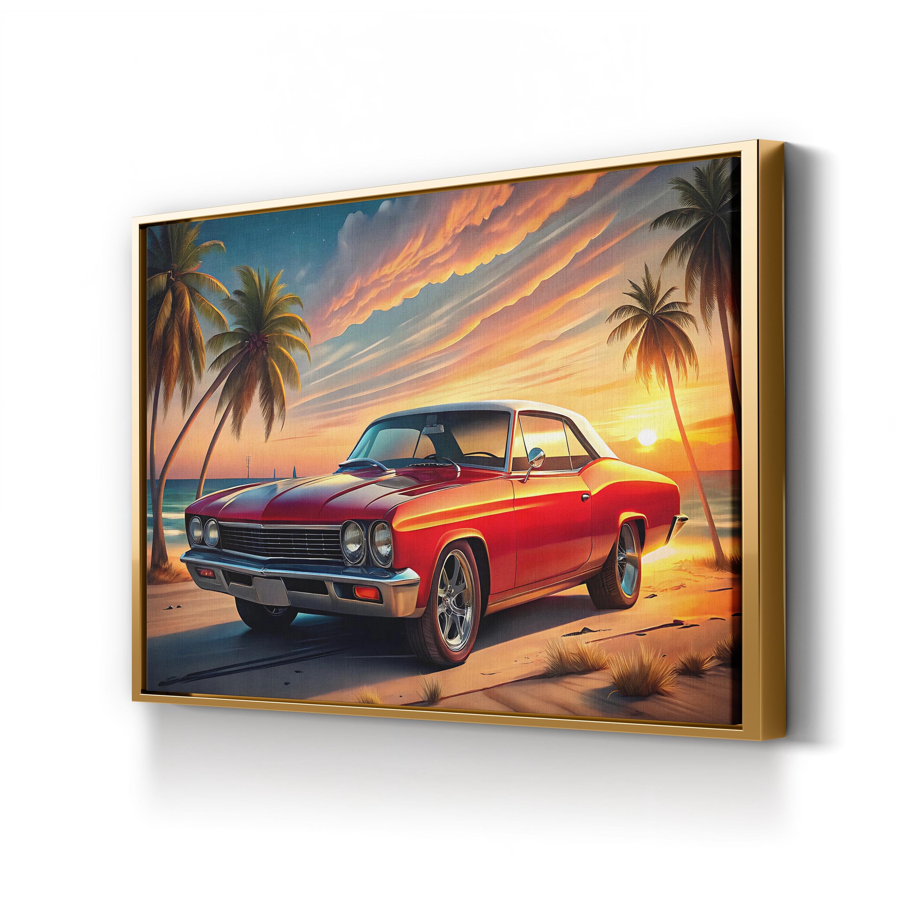 Retro Red Car Coastal – Period Illustration Wall Art | Vintage Automotive Canvas Print