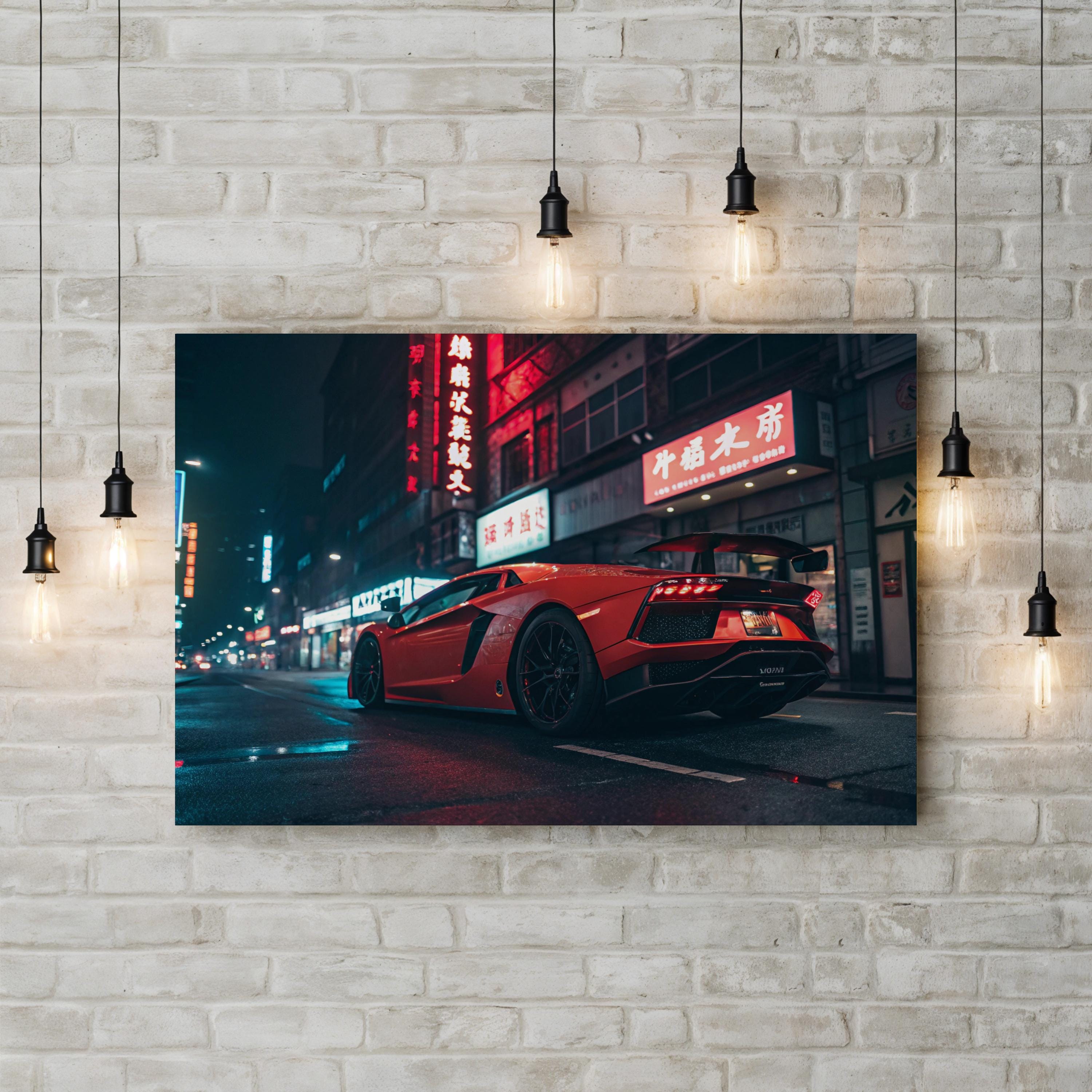 Neon Car Night Streetscape – Vintage Photography Wall Art | Urban Canvas Print
