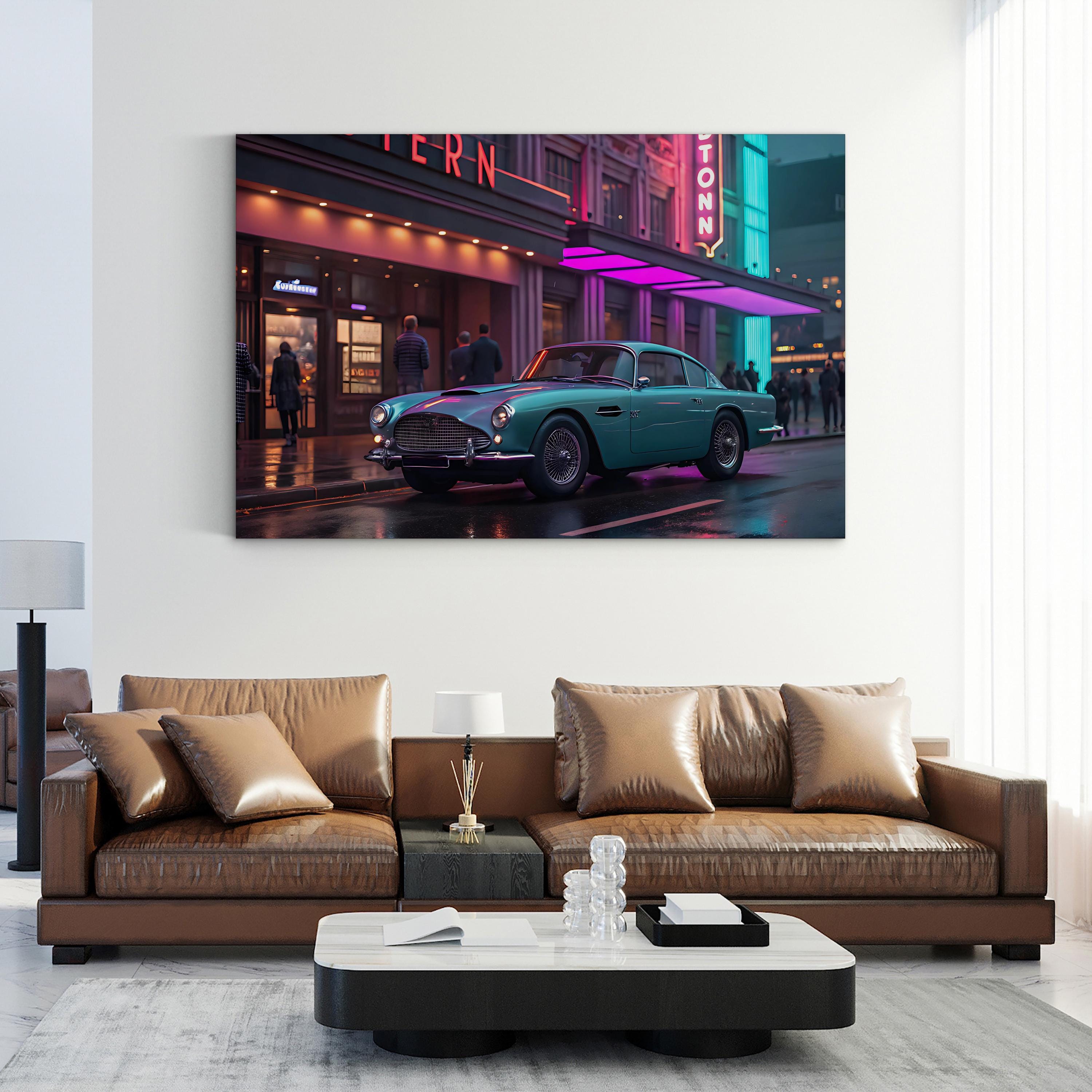 Aston Martin DB4 Urban Neon – Period Illustration Wall Art | Classic Car Canvas Print
