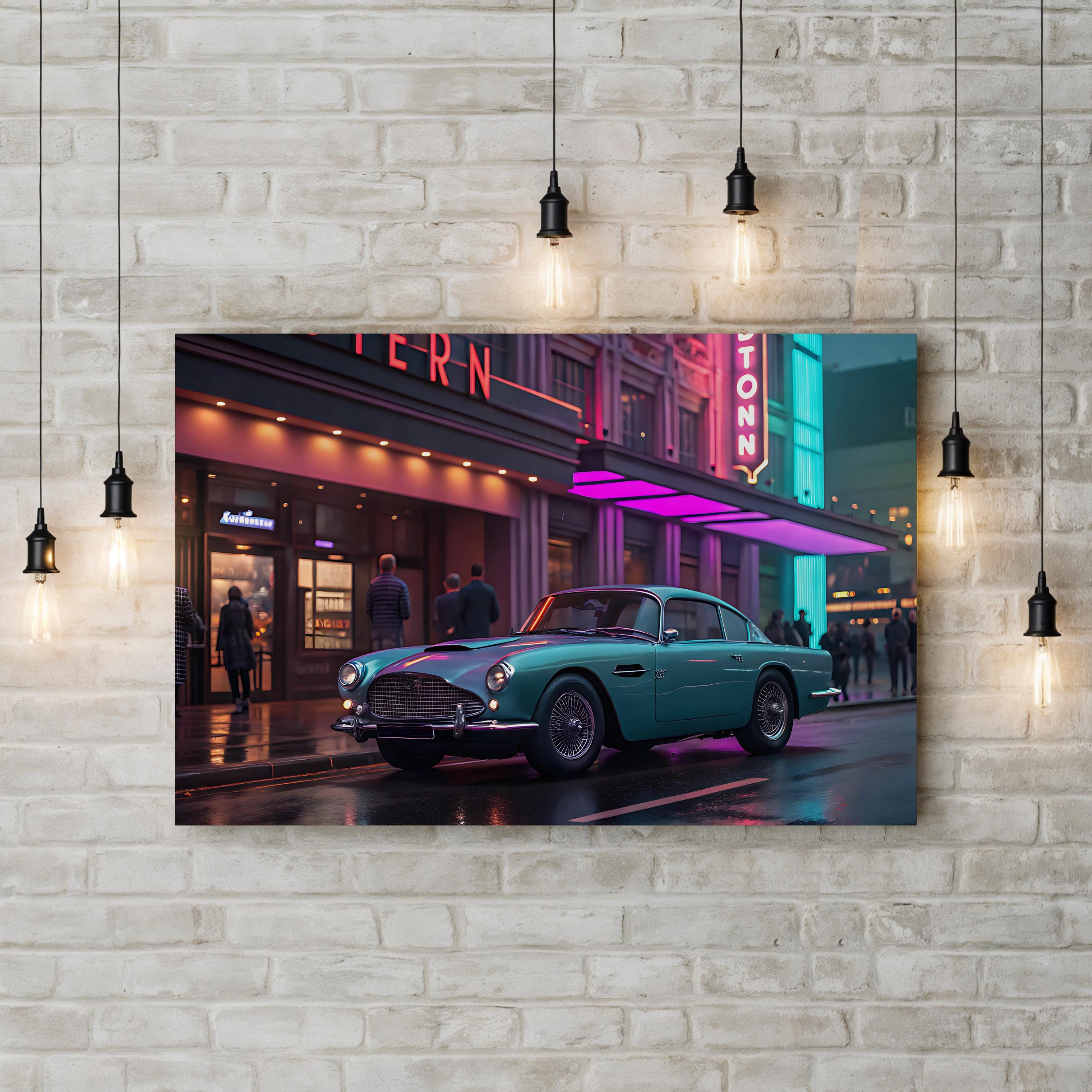 Aston Martin DB4 Urban Neon – Period Illustration Wall Art | Classic Car Canvas Print