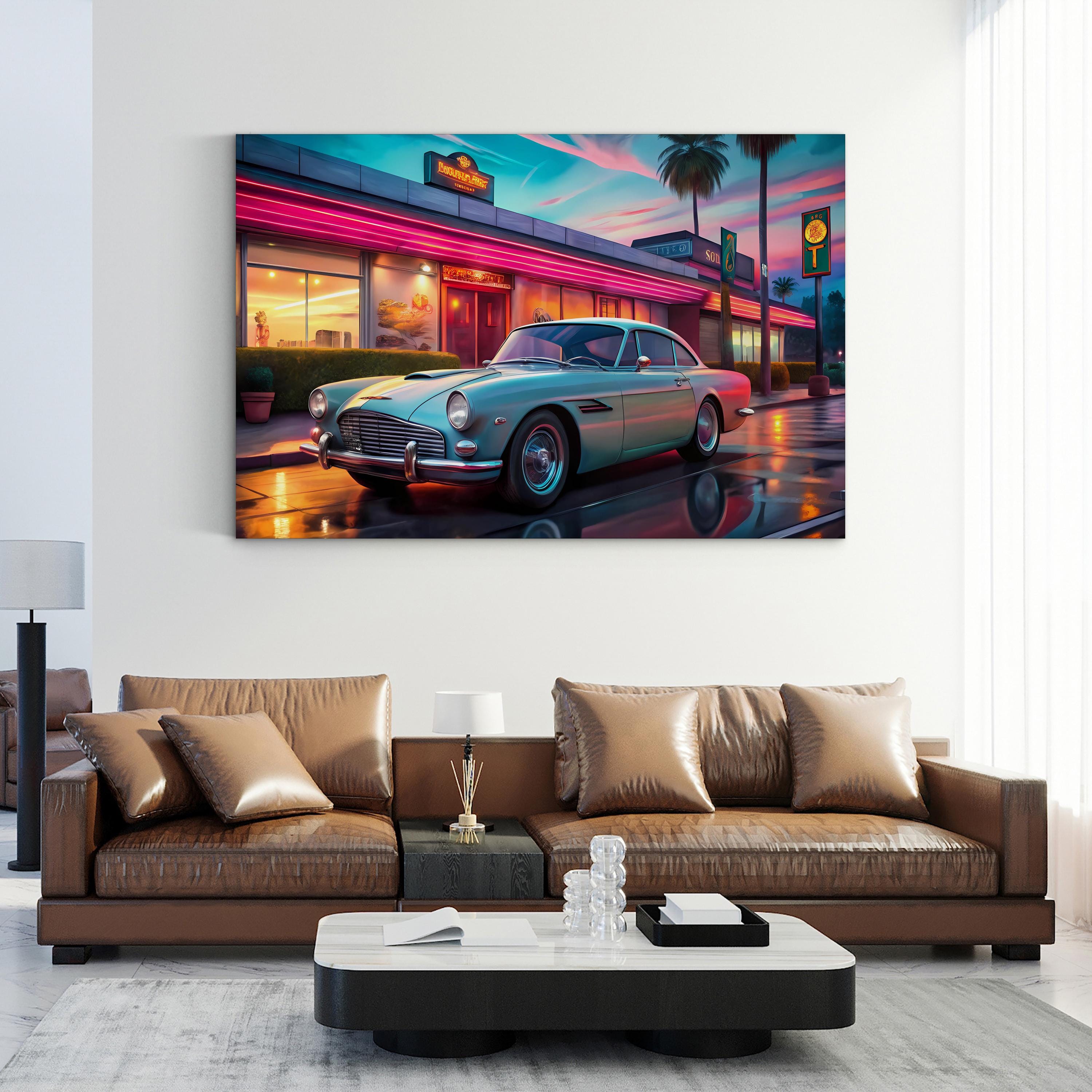 Aston Martin DB4 Neon Backdrop – Period Illustration Wall Art | British Sports Car Canvas Print