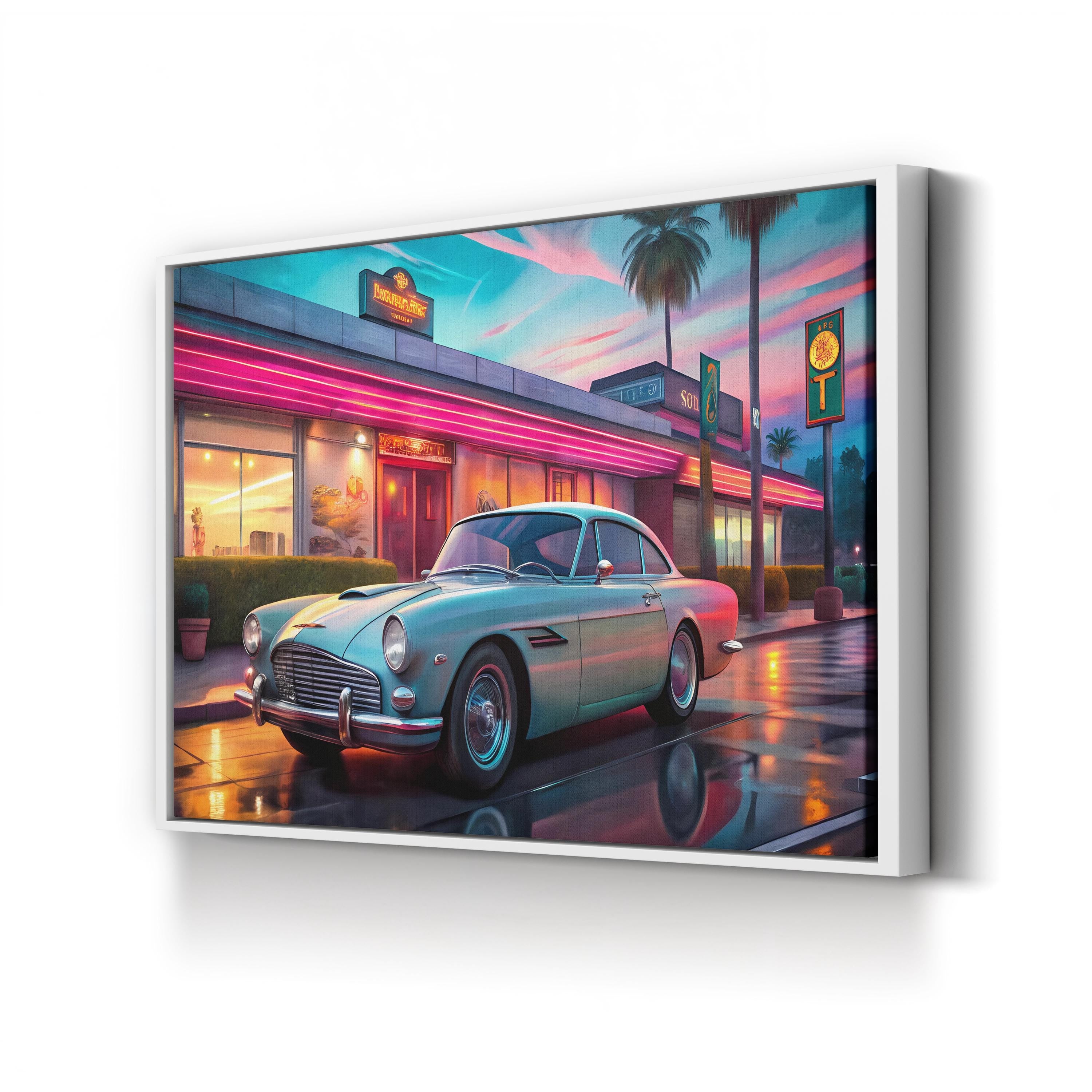 Aston Martin DB4 Neon Backdrop – Period Illustration Wall Art | British Sports Car Canvas Print