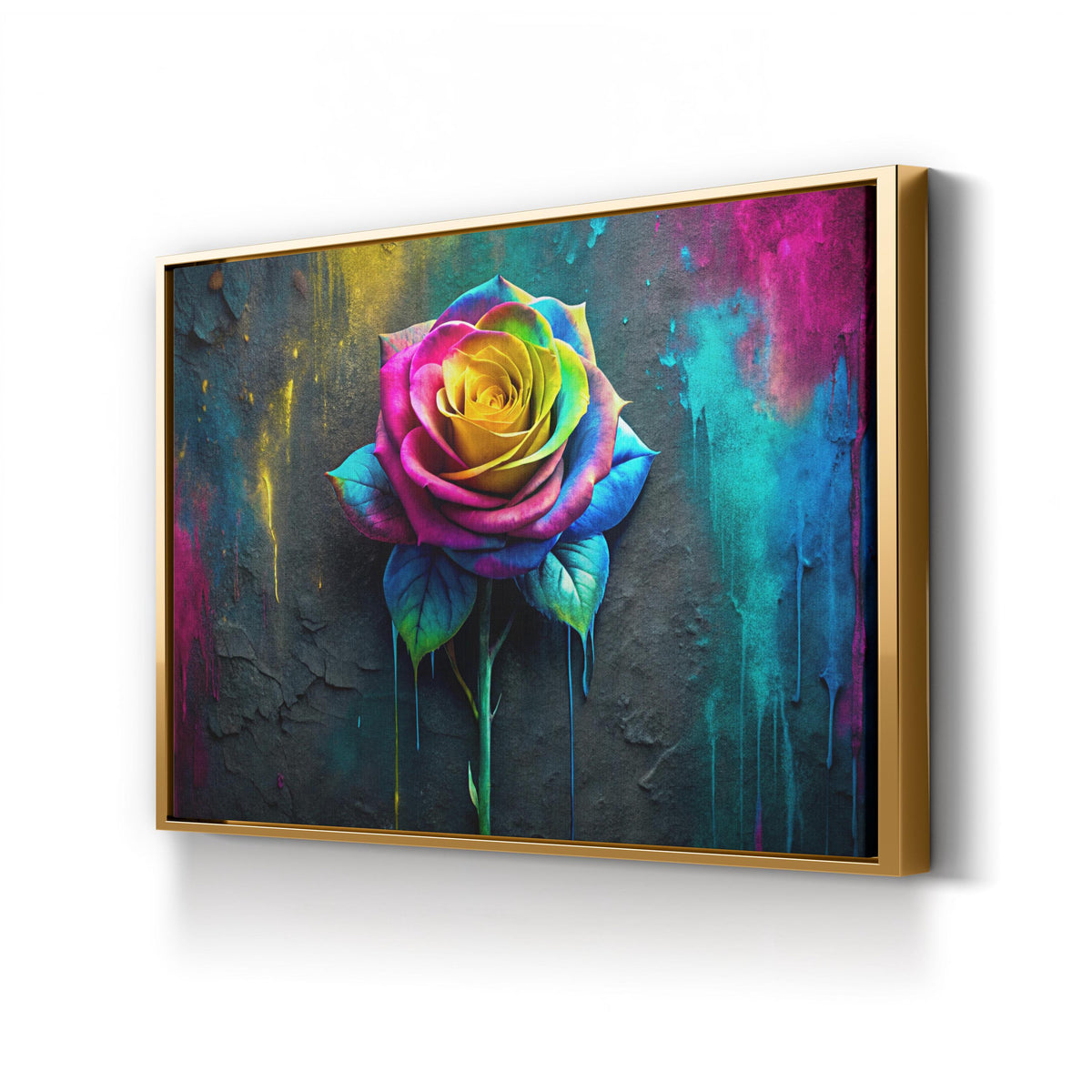 Paint Drip Rose canvas print in Gold frame