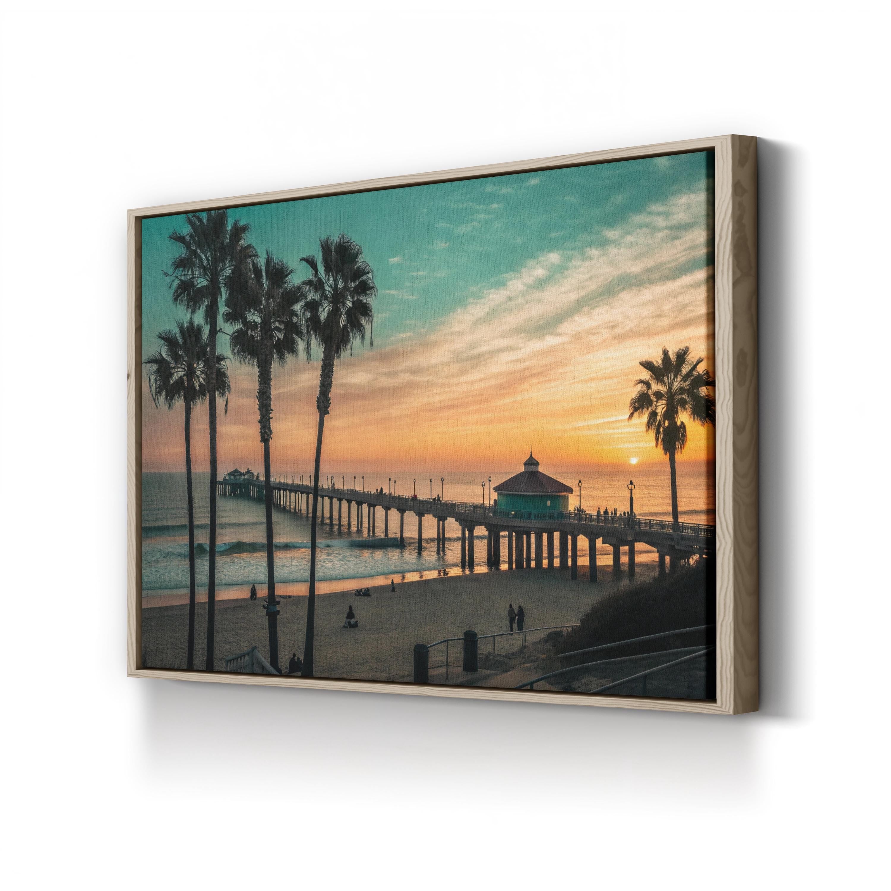 Manhattan Beach Pier, California Wall Art — Palm Tree Sunset Coastal Canvas Print