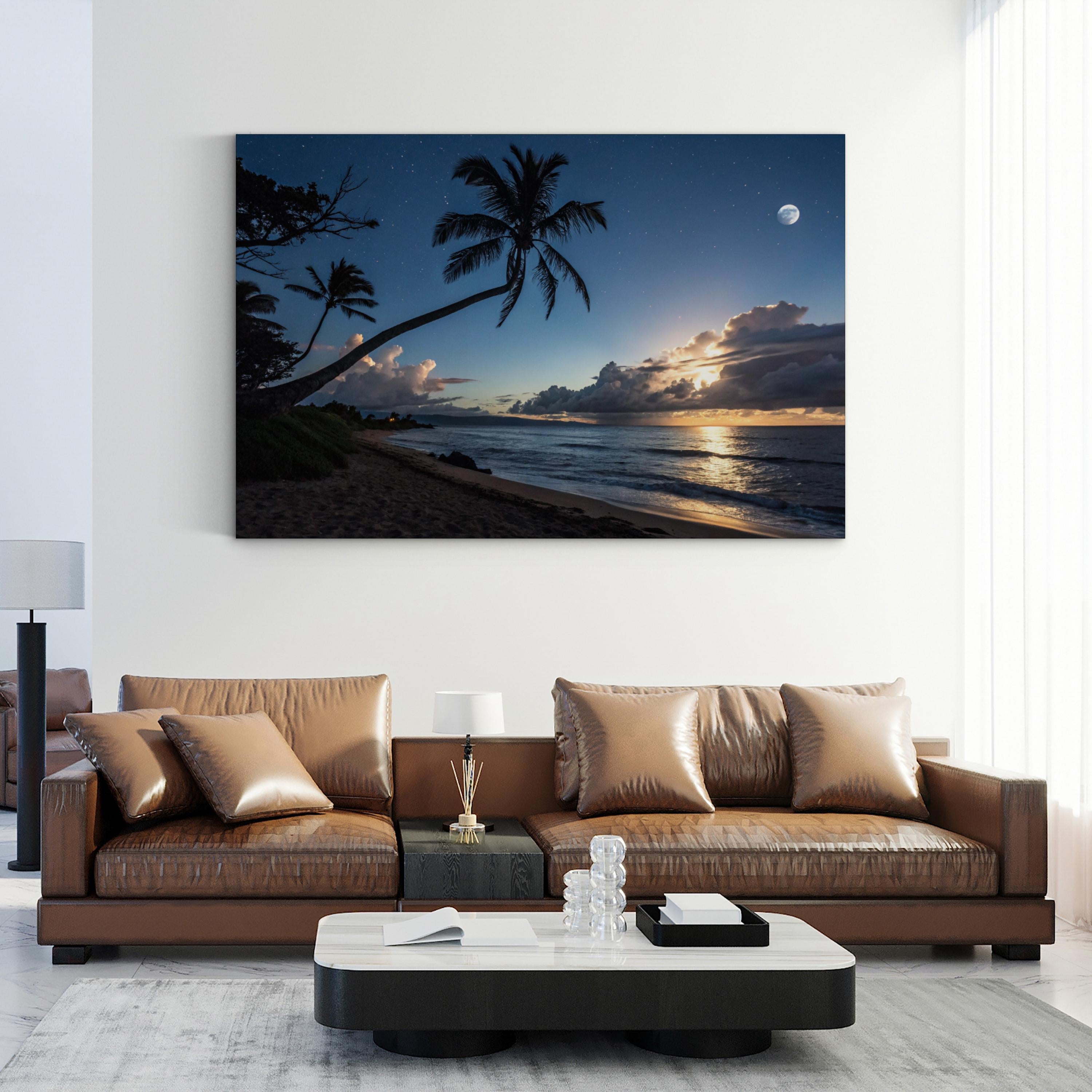 Paradise at Night, Tropical Shoreline Wall Art — Contemporary Moonlit Coastal Seascape