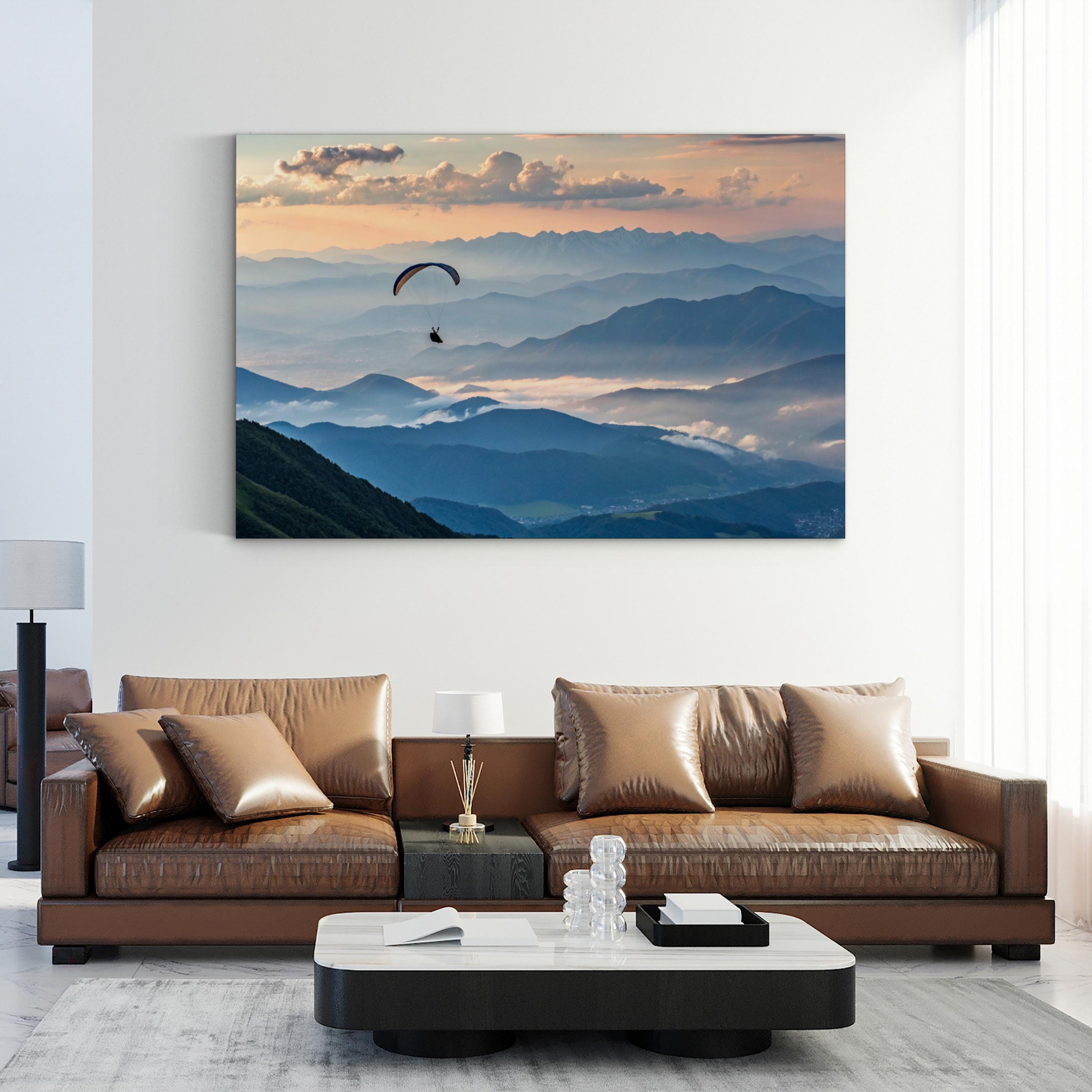 Paragliding Above Mountain Peaks Wall Art — Aerial Landscape Adventure Canvas Print
