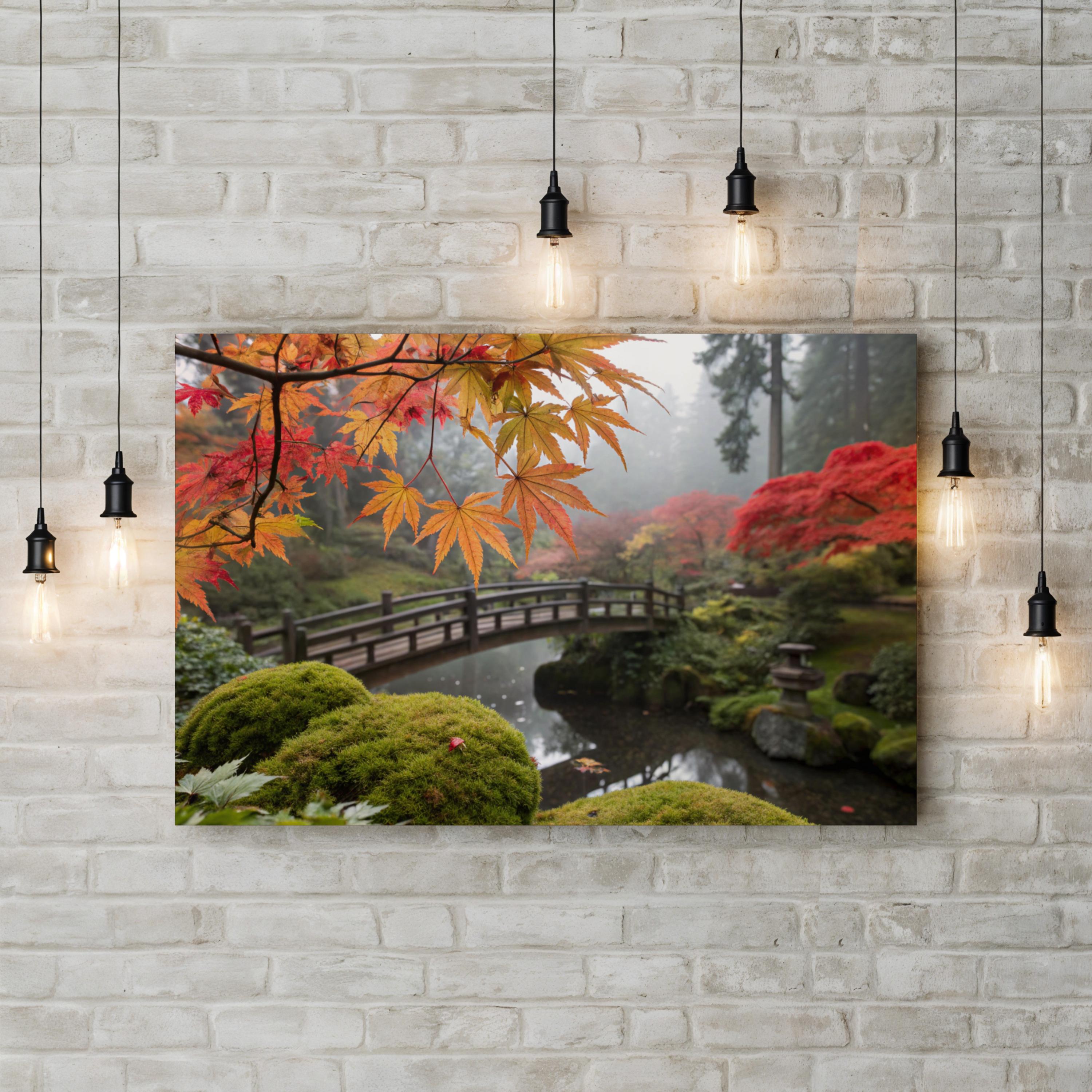 Japanese Zen Garden Bridge – Period Illustration Wall Art | Serene Landscape Canvas Print