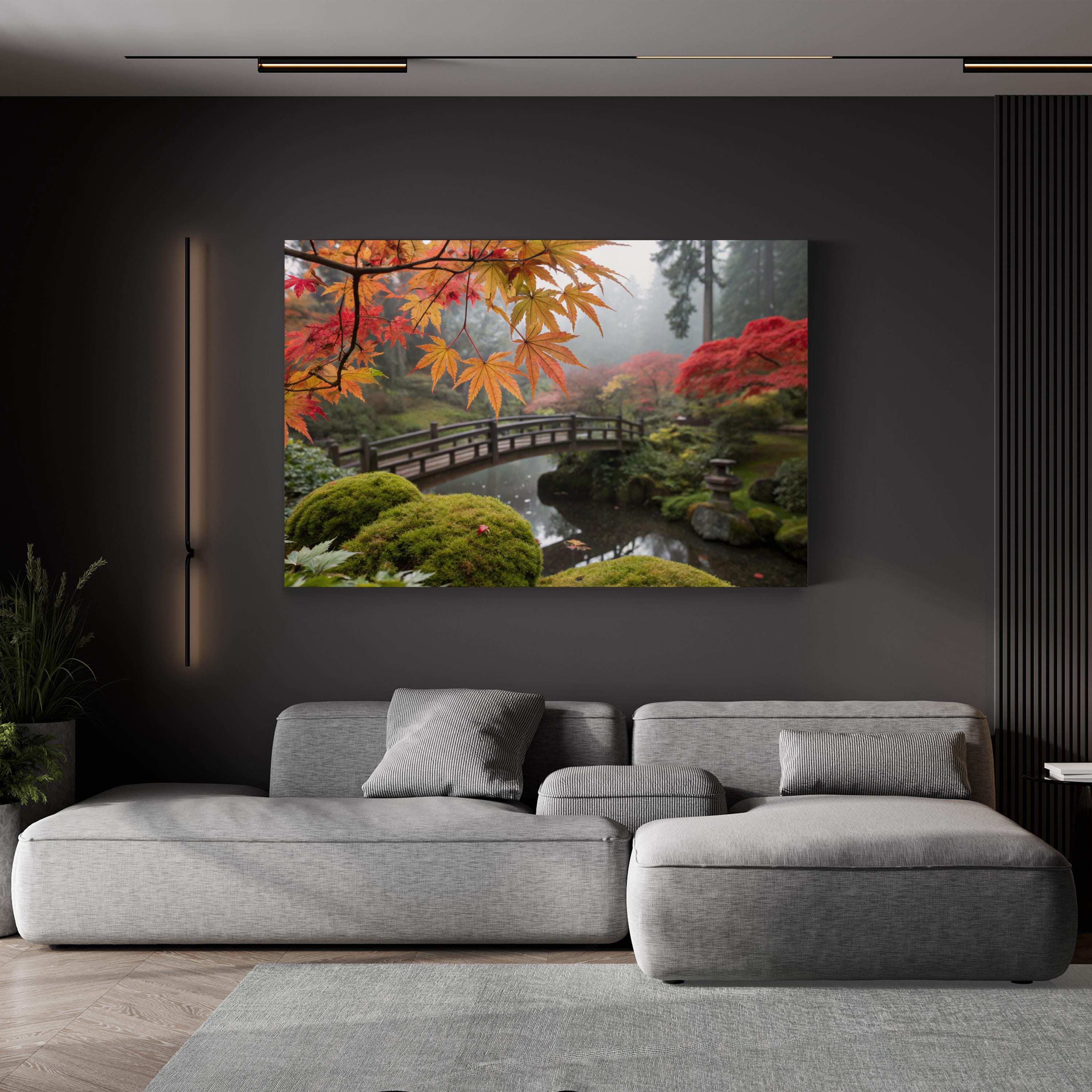 Japanese Zen Garden Bridge – Period Illustration Wall Art | Serene Landscape Canvas Print