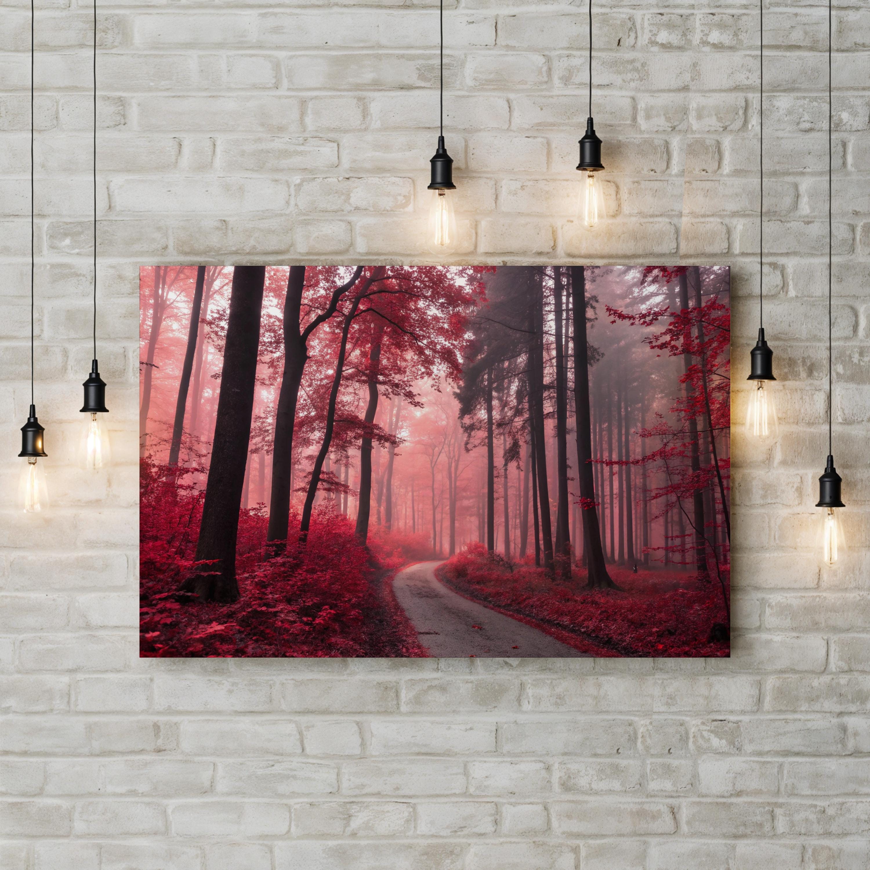 Red Forest Autumn Path – Vintage Photography Wall Art | Vibrant Landscape Canvas Print