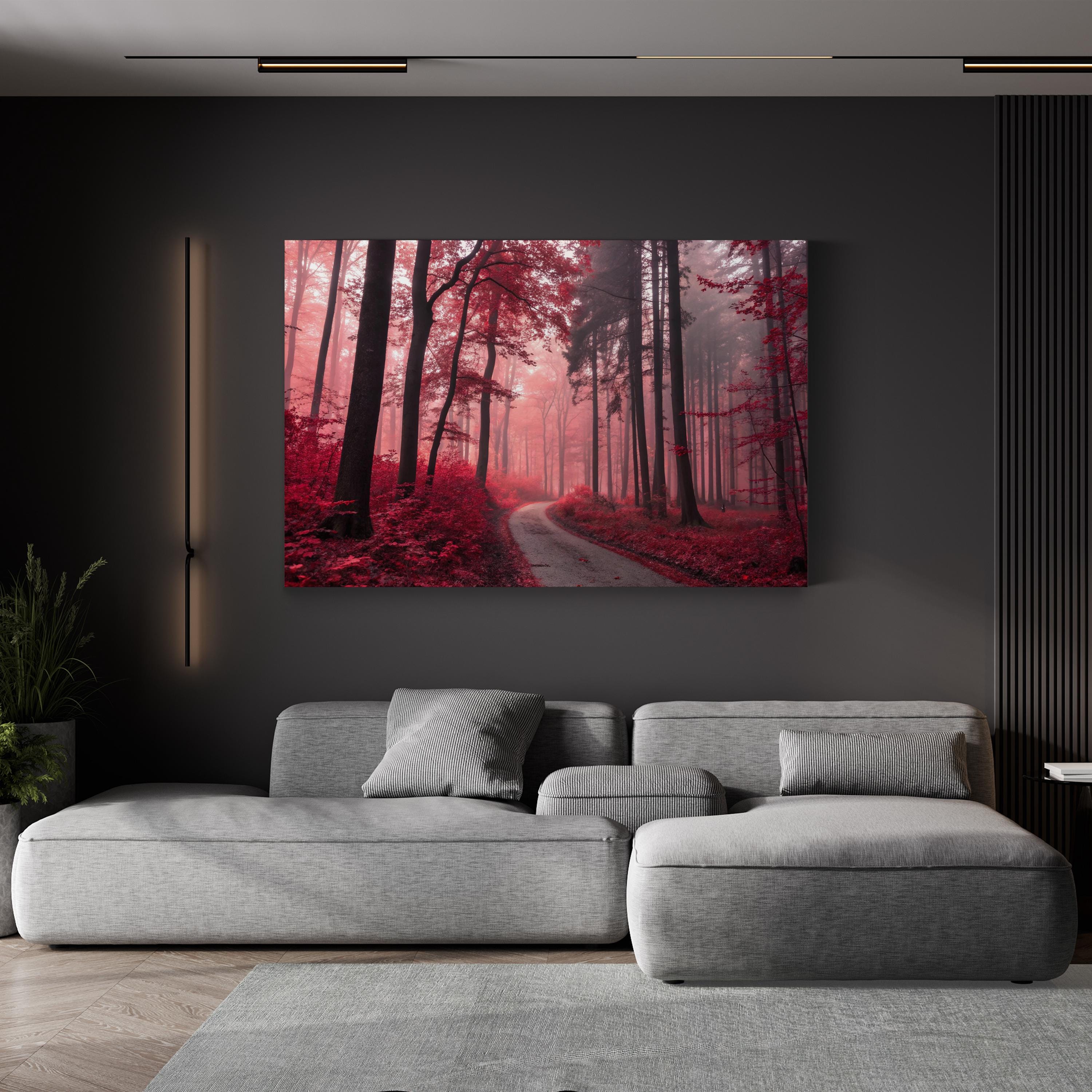 Red Forest Autumn Path – Vintage Photography Wall Art | Vibrant Landscape Canvas Print