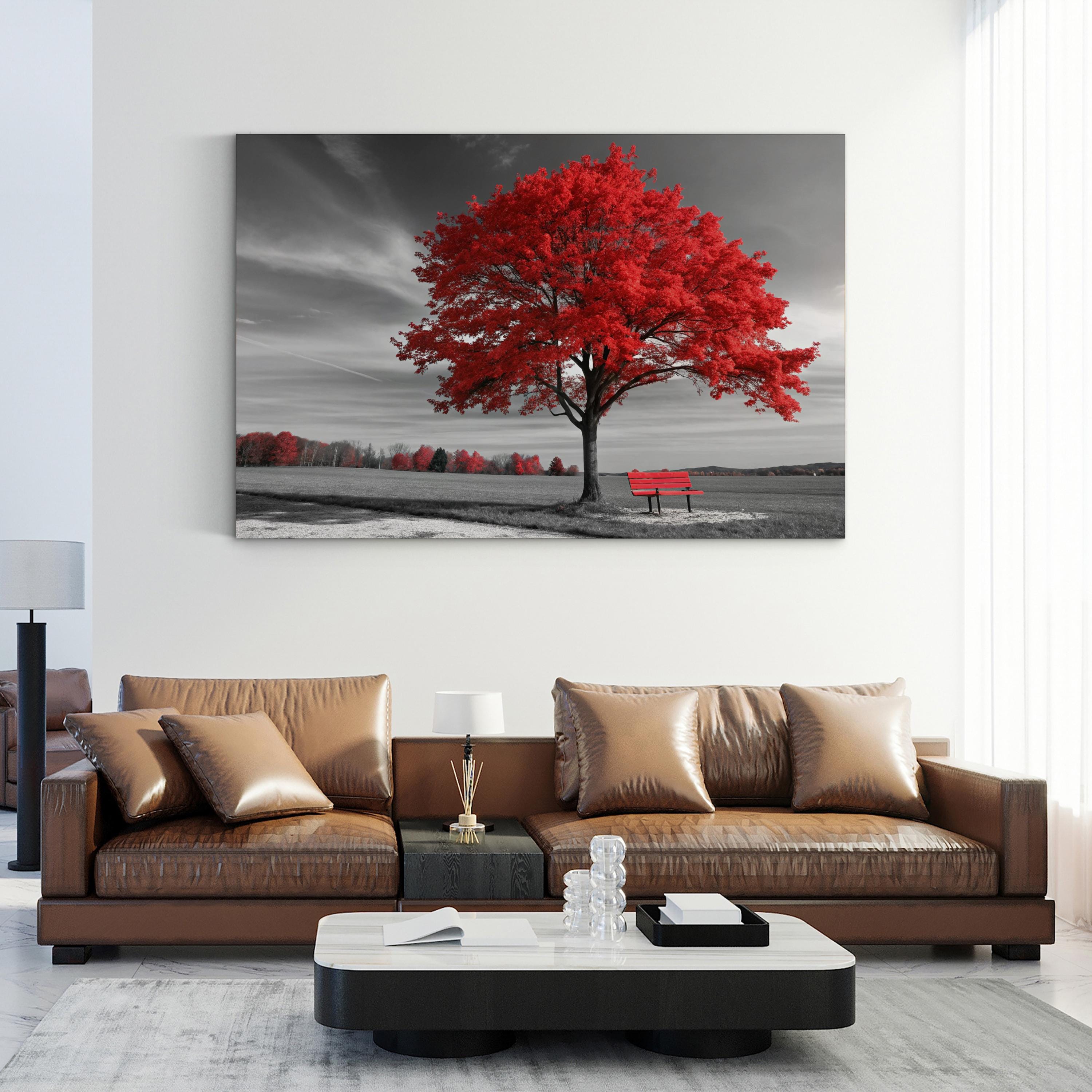 Red Autumn Tree Panorama – Vintage Photography Wall Art | Fall Landscape Canvas Print
