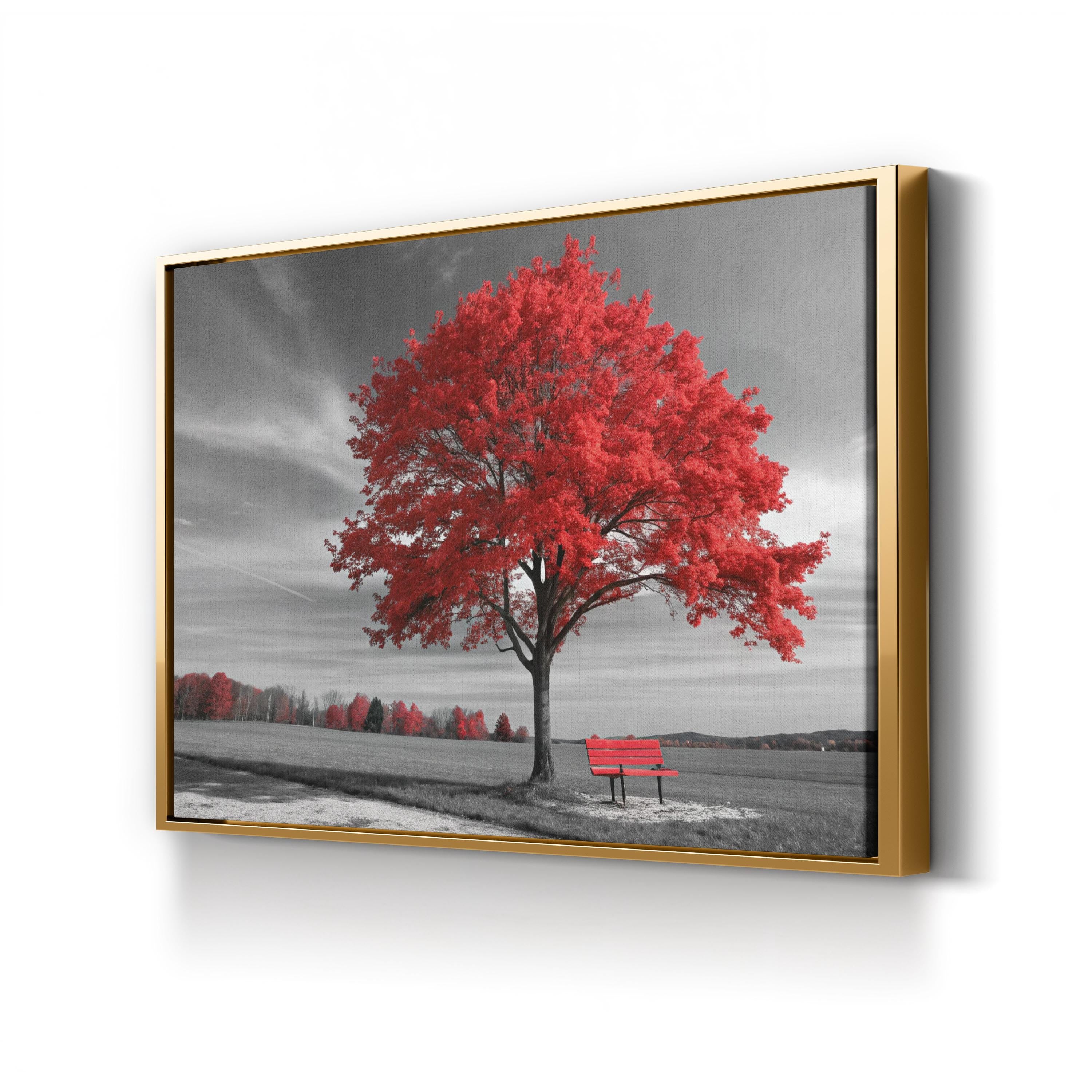 Red Autumn Tree Panorama – Vintage Photography Wall Art | Fall Landscape Canvas Print