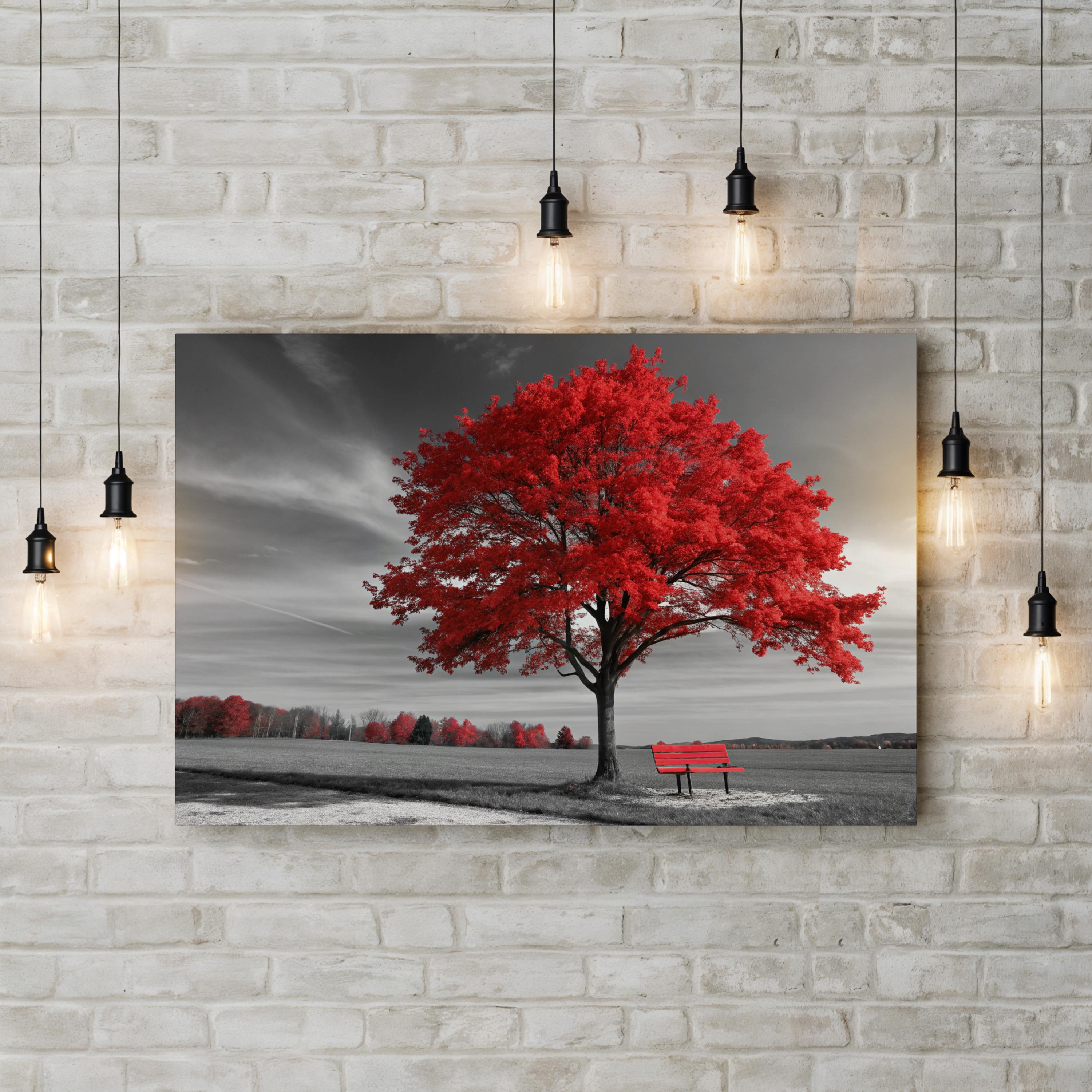 Red Autumn Tree Panorama – Vintage Photography Wall Art | Fall Landscape Canvas Print