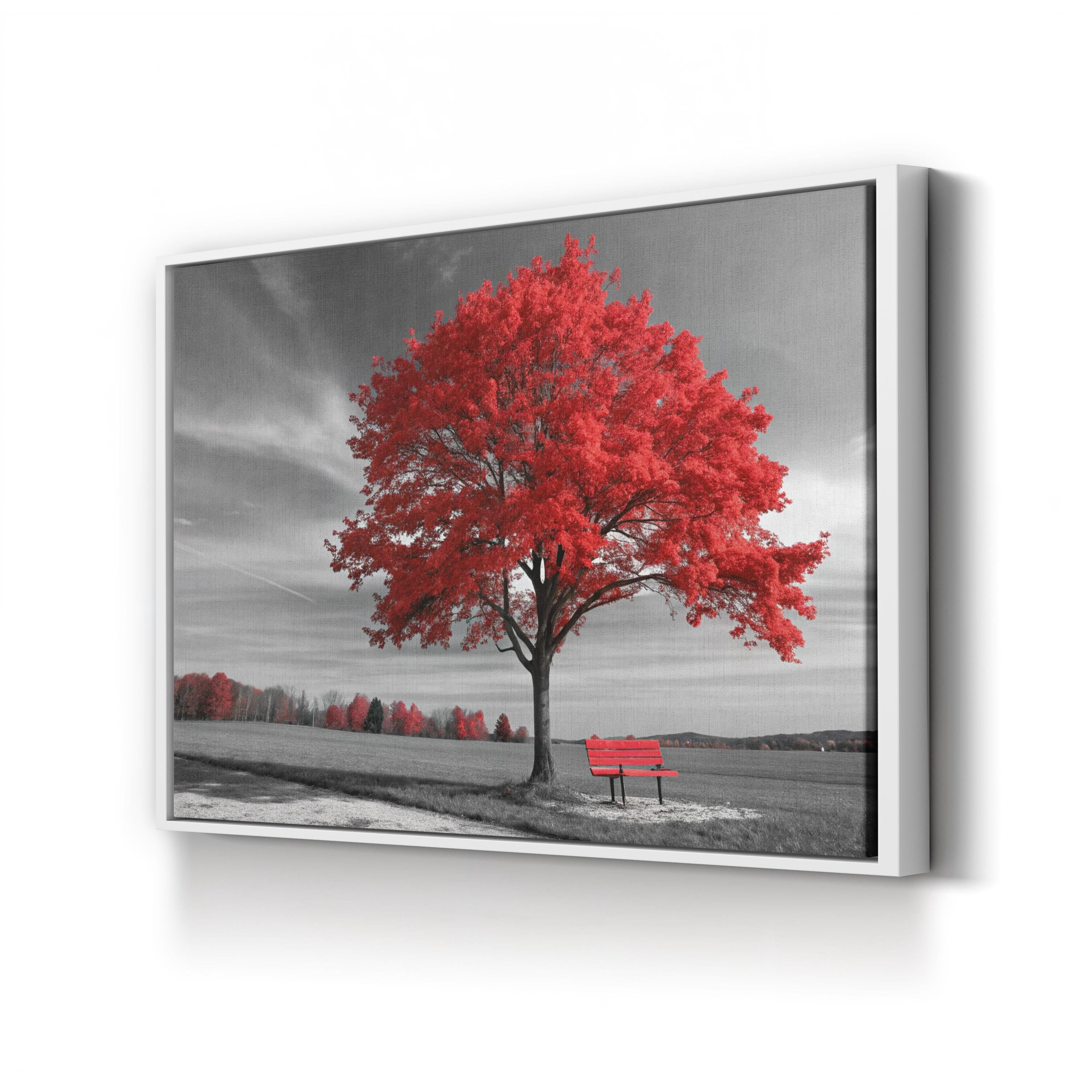 Red Autumn Tree Panorama – Vintage Photography Wall Art | Fall Landscape Canvas Print