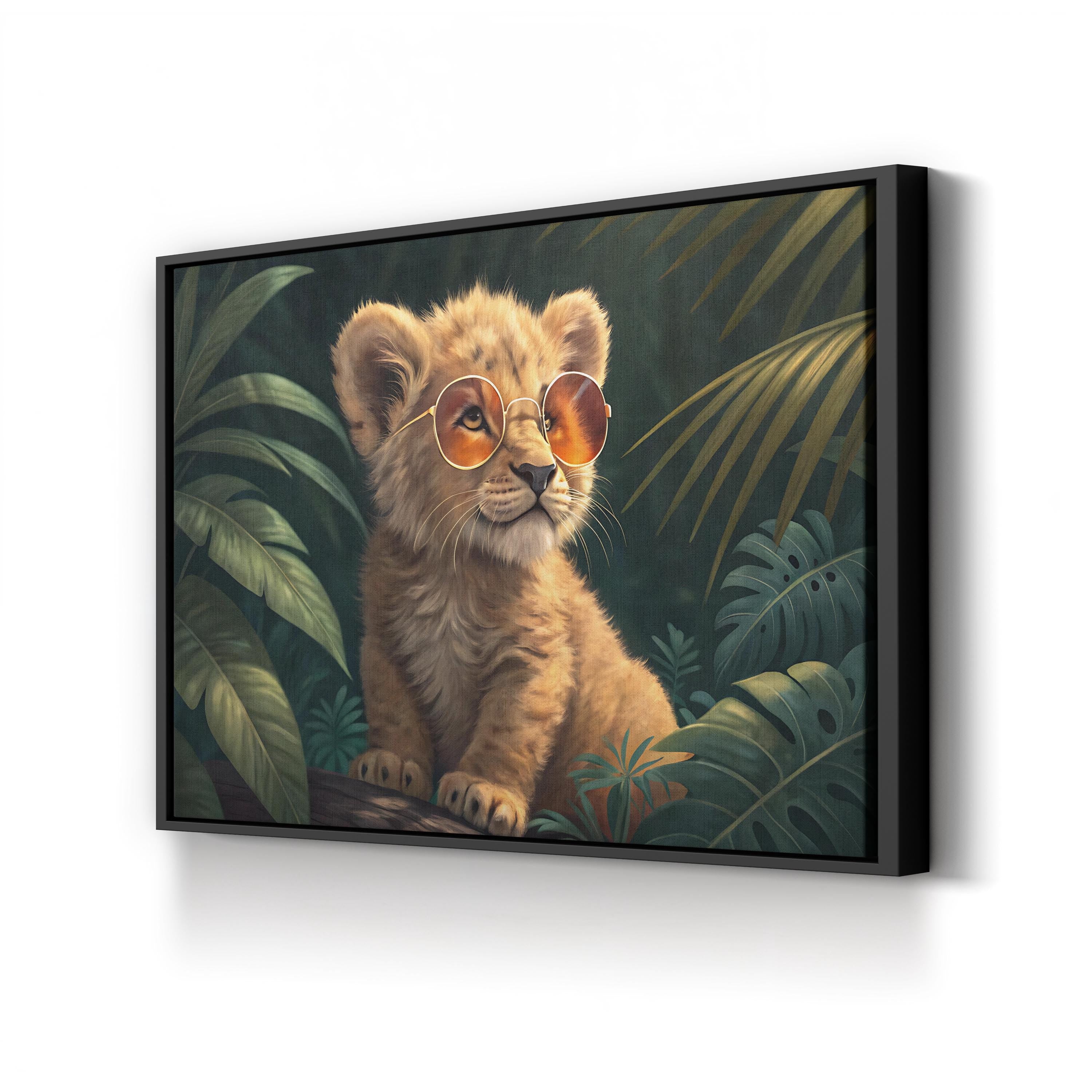 Baby Lion with Glasses – Period Illustration Wall Art | Nursery Animal Canvas Print