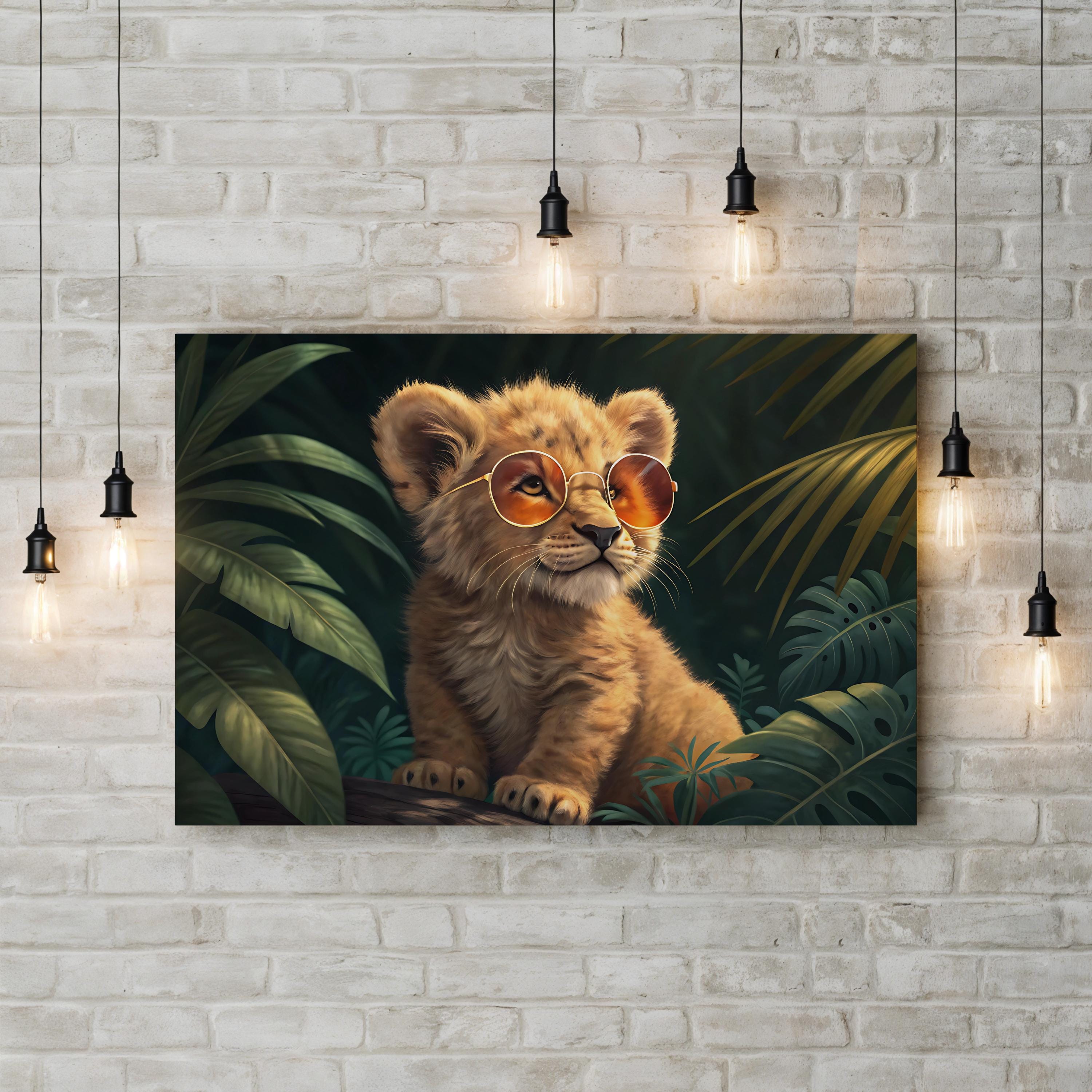 Baby Lion with Glasses – Period Illustration Wall Art | Nursery Animal Canvas Print