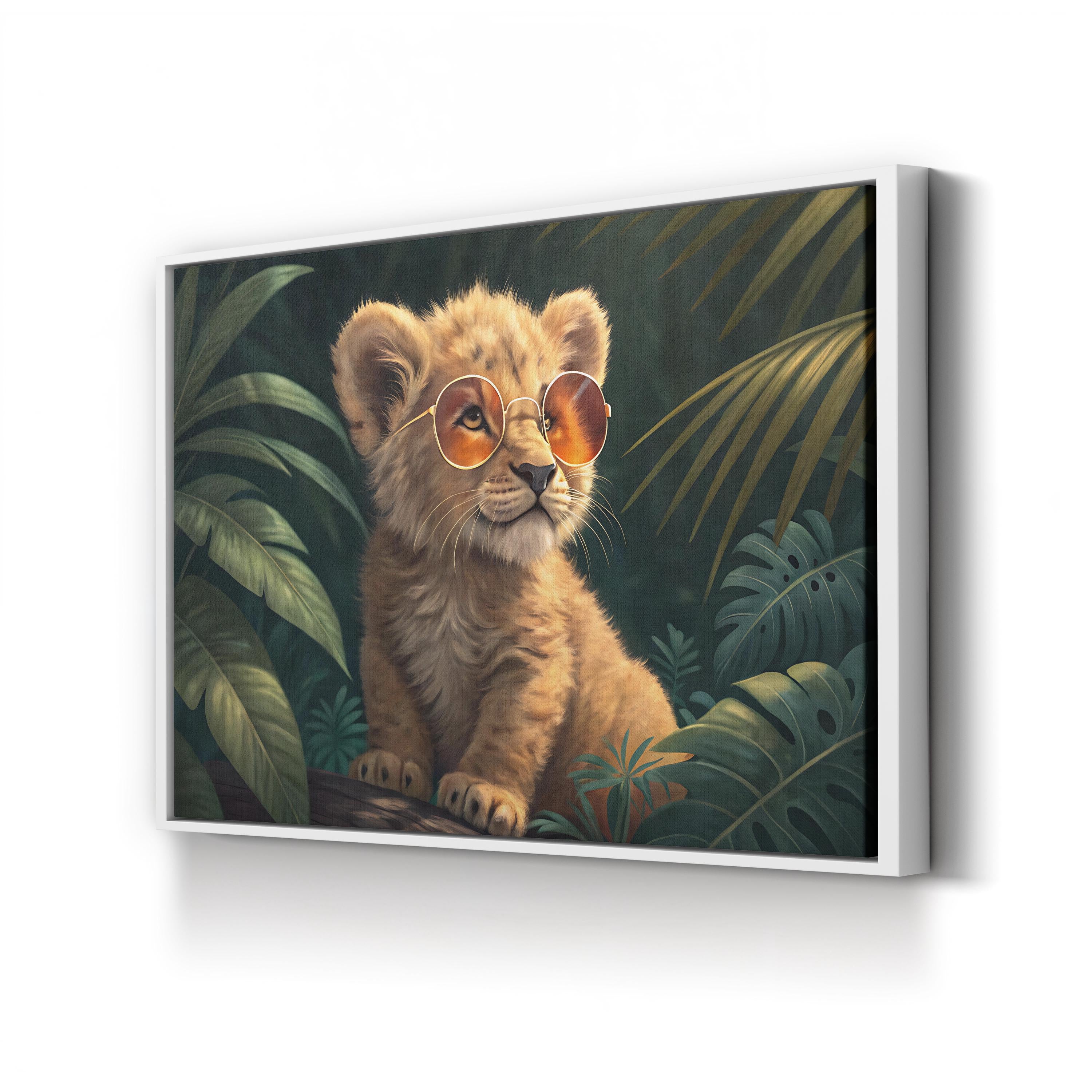 Baby Lion with Glasses – Period Illustration Wall Art | Nursery Animal Canvas Print