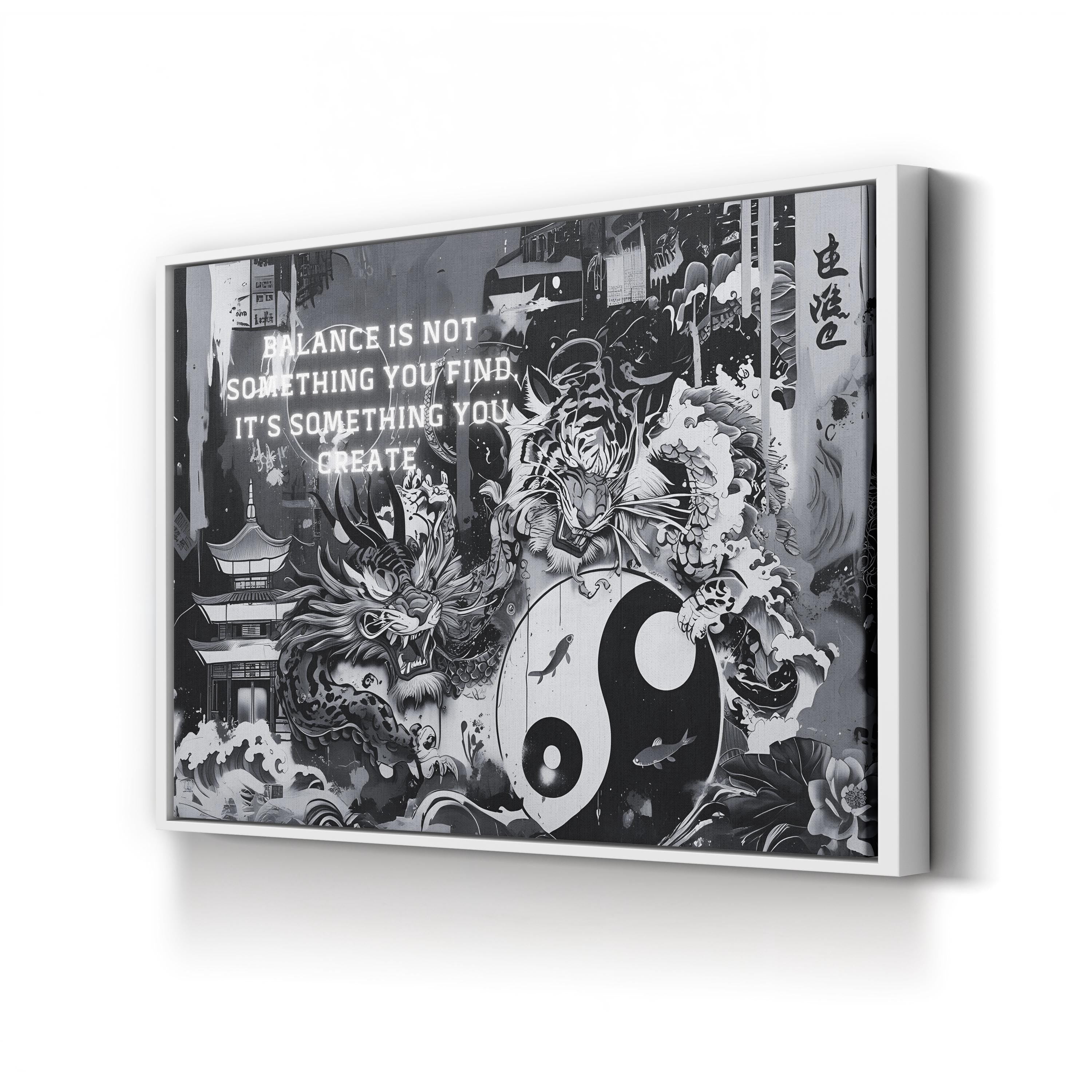Yin Yang Tiger Zen – Period Illustration Wall Art | Spiritual Monochrome Canvas Print