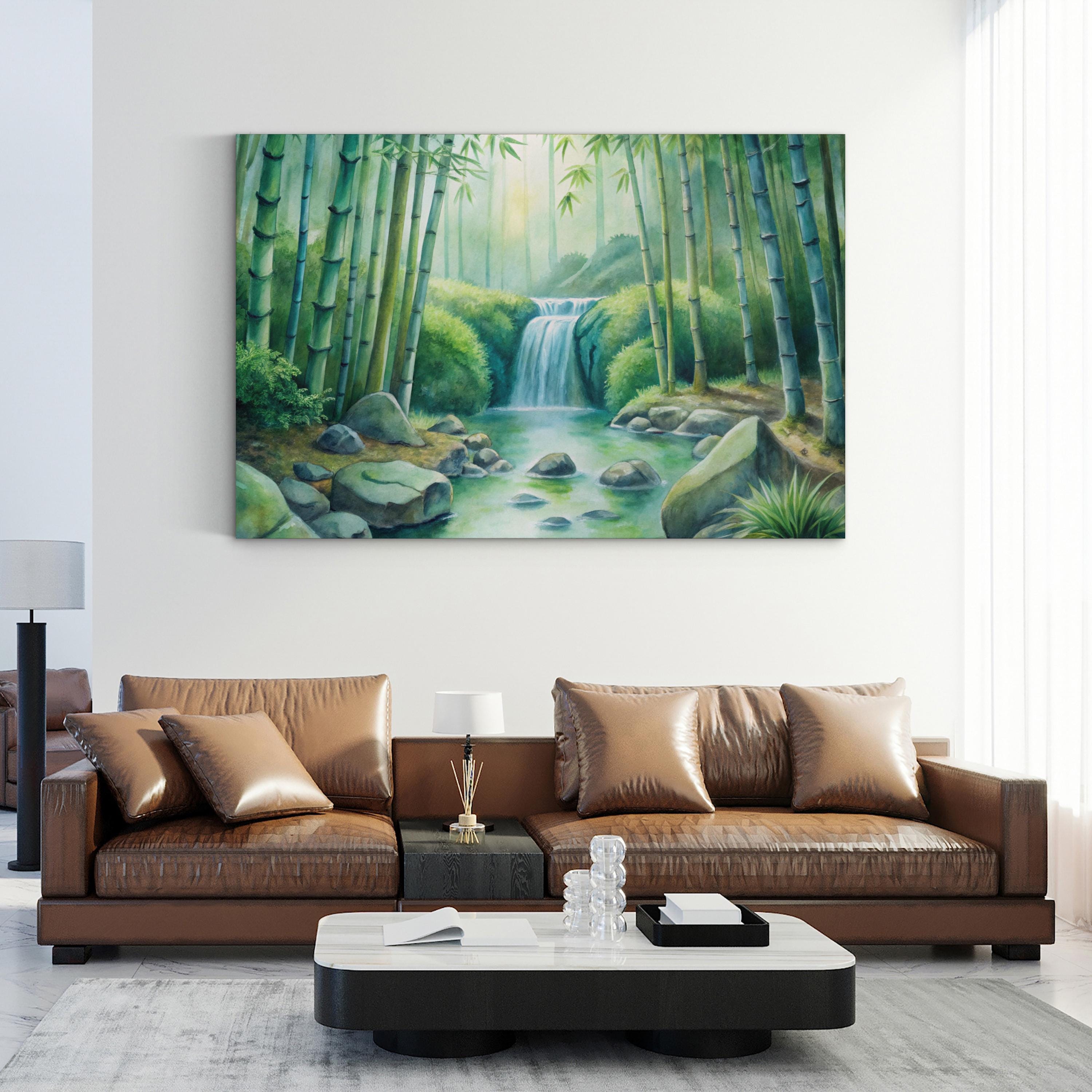 Watercolor Bamboo Forest – Period Illustration Wall Art | Calming Waterfall Canvas Print