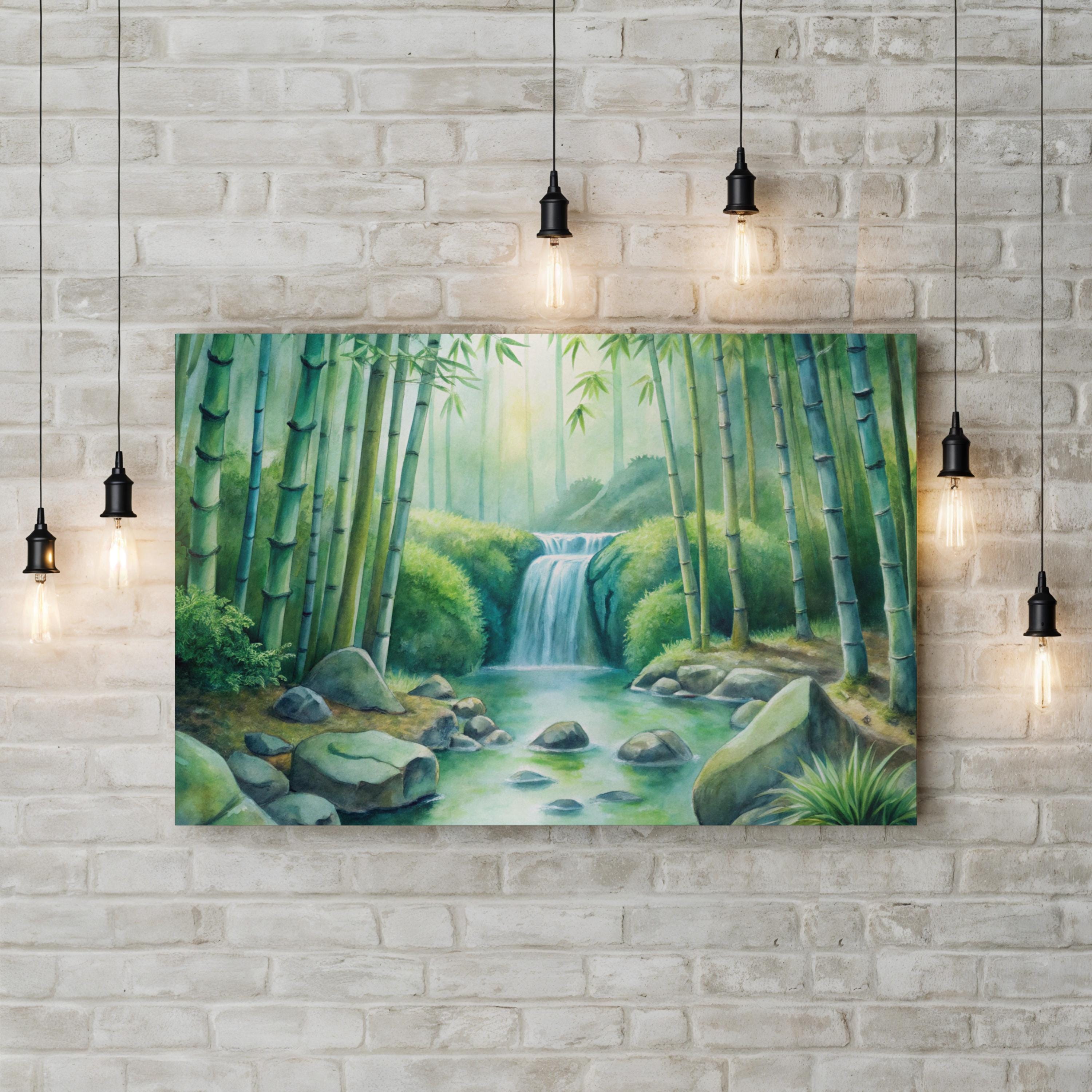 Watercolor Bamboo Forest – Period Illustration Wall Art | Calming Waterfall Canvas Print